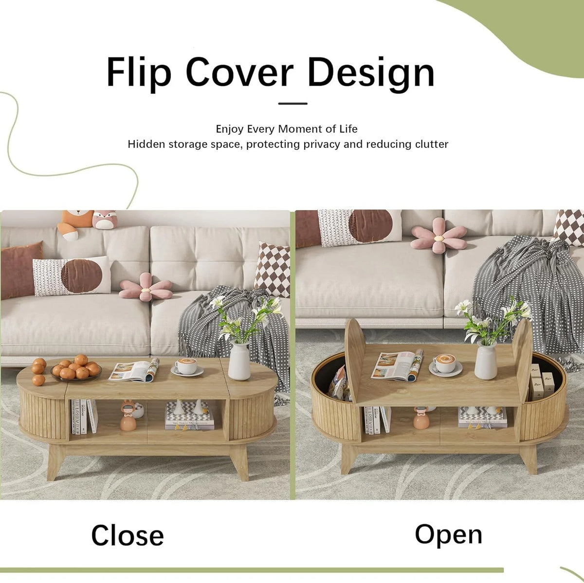 Fluted Coffee Table with Storage, Modern Coffee Tables, Wood Accent Center Table - Product image 7