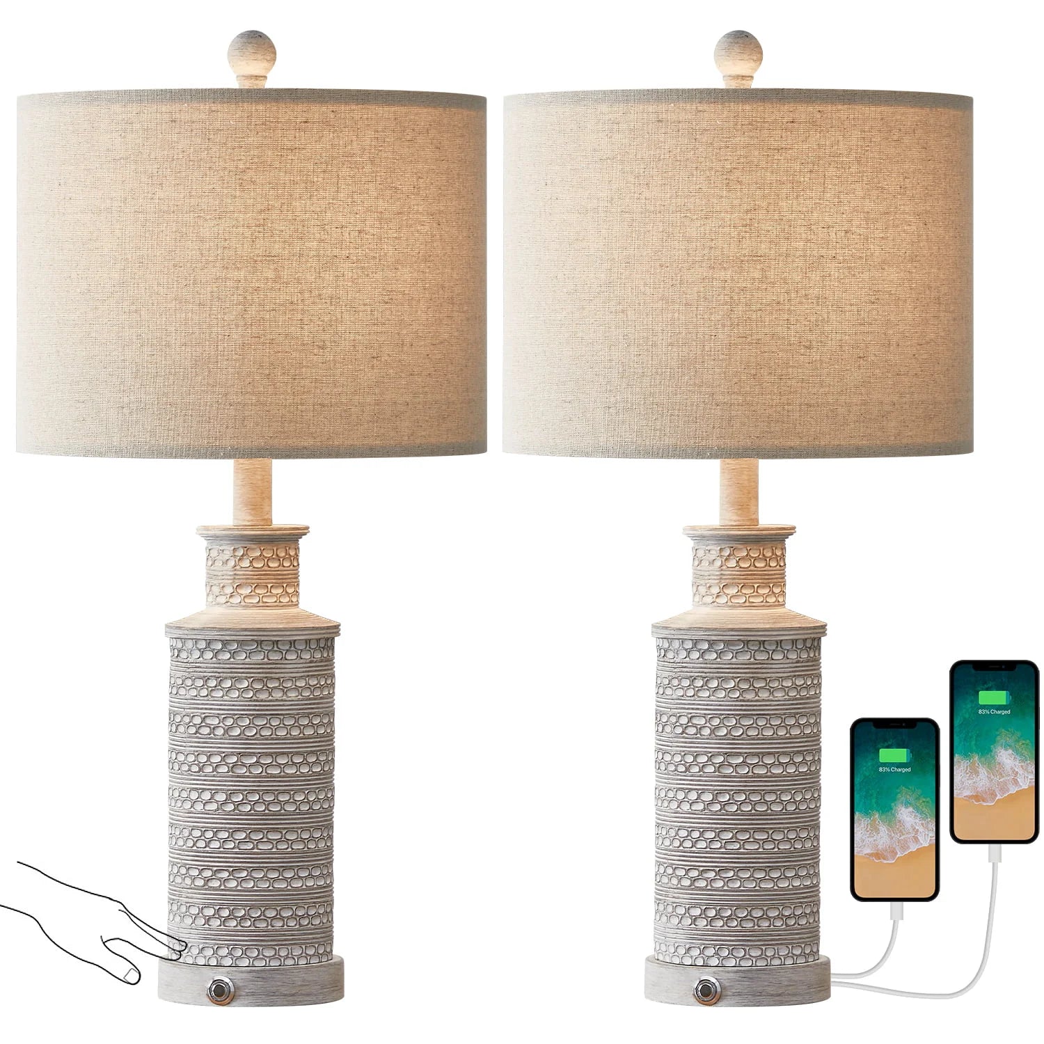 Oneach 3 Way Dimmable Table Lamp Set of 2 with USB Ports for Bedroom Living Room 24.5" Vintage Rustic - Product image 7