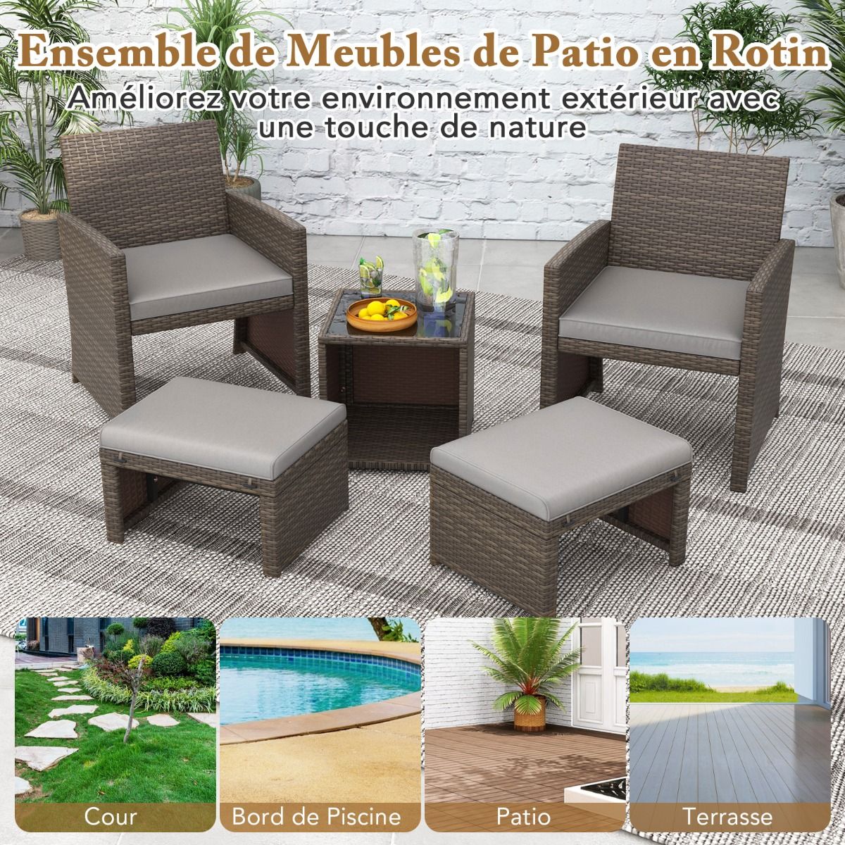 Living Room Furniture Set 5PCS PE Rattan Garden Furniture Set with Cushion for Balcony Swimming Pool Terrace Grey/White -