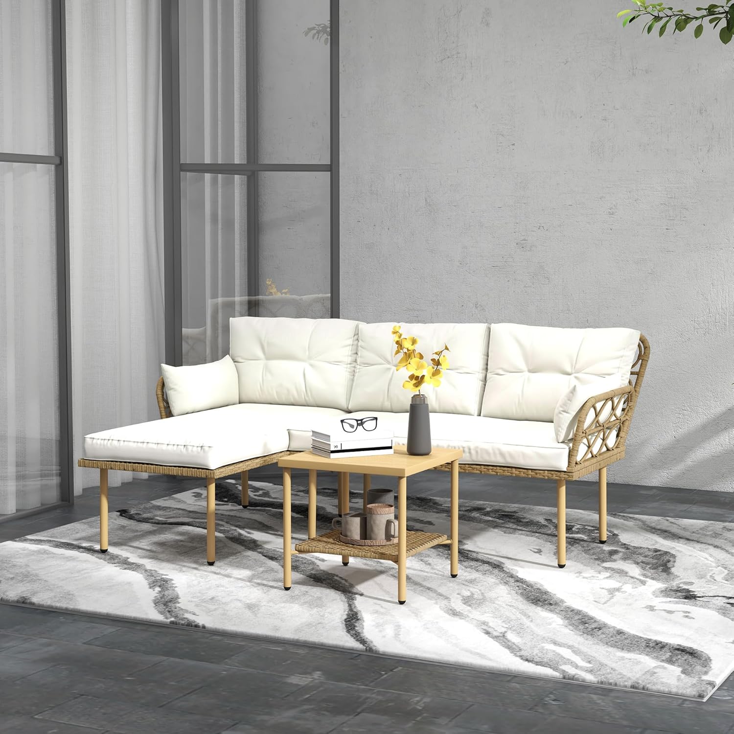 Outsunny Outdoor Garden Furniture Set for 4 People 3 Pieces with 1 Coffee Table Great Comfort Cushions Included Cream Woven Resin
