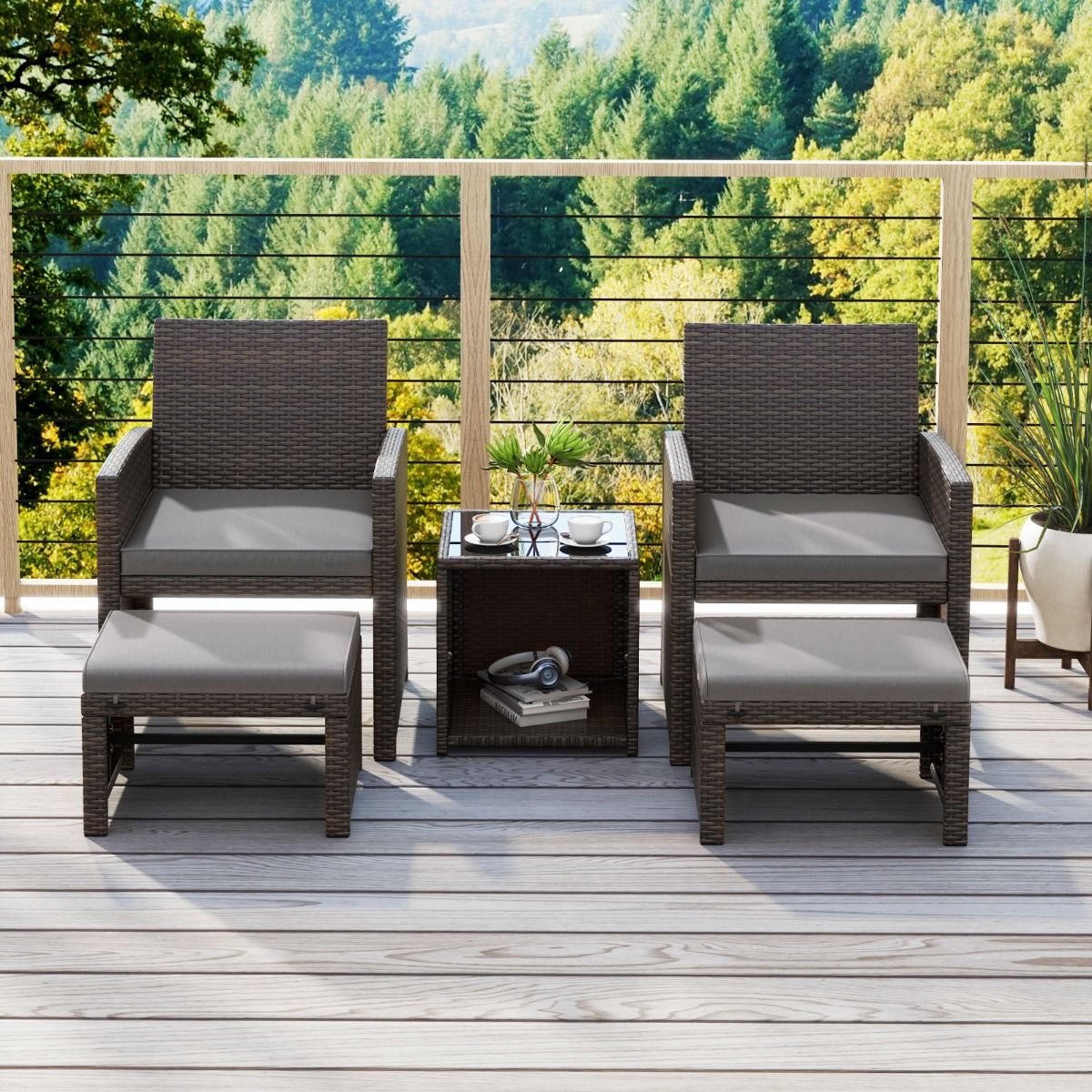 Living Room Furniture Set 5PCS PE Rattan Garden Furniture Set with Cushion for Balcony Swimming Pool Terrace Grey/White -