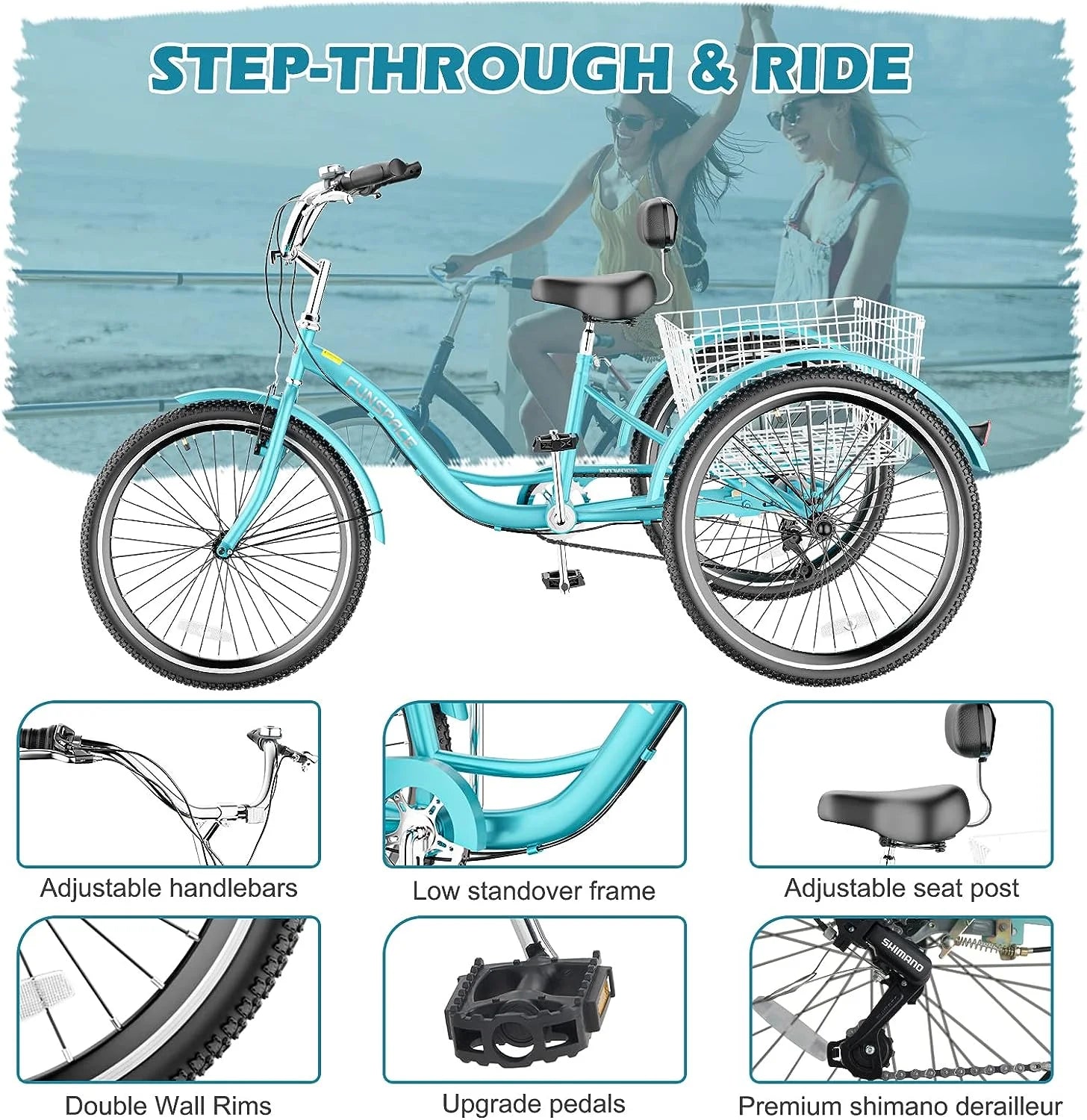 MOONCOOL Adult Tricycles with Rear Basket & Inflator, 24 26 in 7 Speed 3 Wheel Bikes, Three - Wheeled Bicycles Adult Trike with Backrest for Seniors, Women, Men