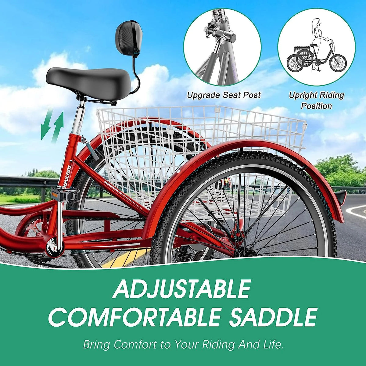 MOONCOOL Adult Tricycles with Rear Basket & Inflator, 24 26 in 7 Speed 3 Wheel Bikes, Three - Wheeled Bicycles Adult Trike with Backrest for Seniors, Women, Men