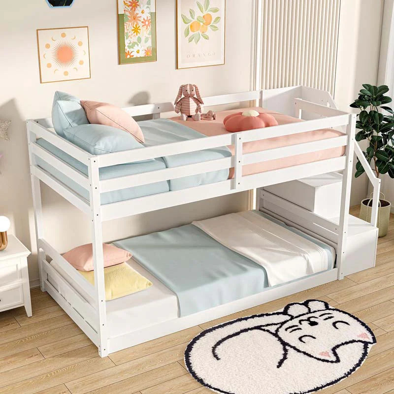 Twin Over Twin Bunk Bed with Storage Stairs, Solid Wood Floor Bunk Bed with Full-Length Guardrails - Product image 3