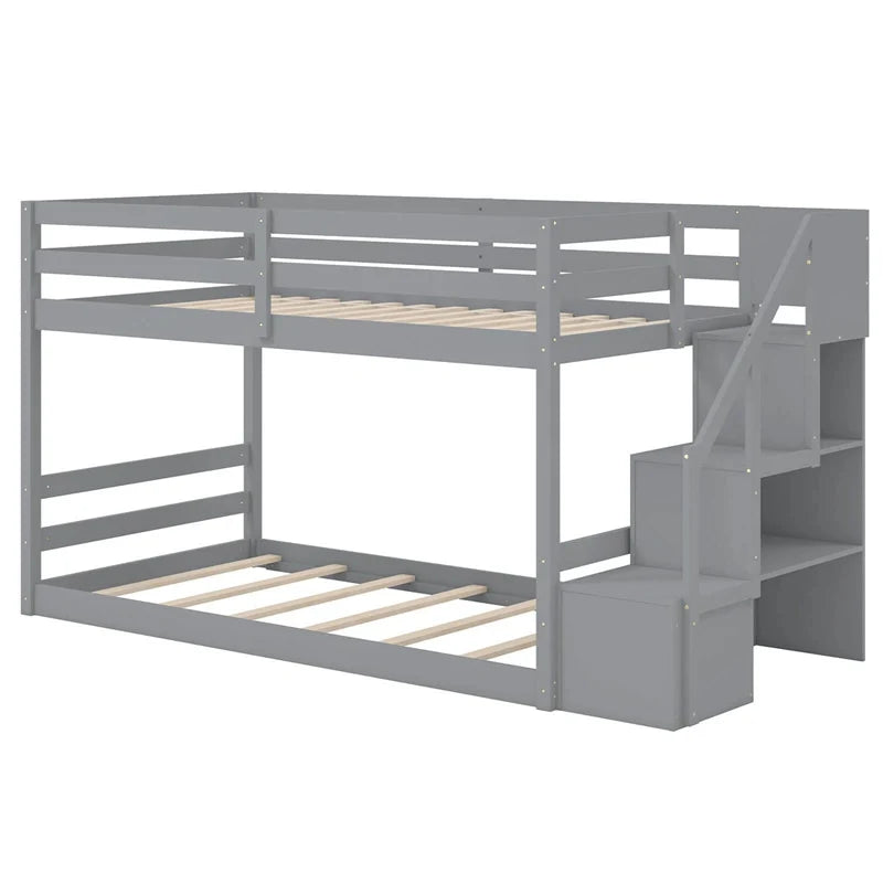 Twin Over Twin Bunk Bed with Storage Stairs, Solid Wood Floor Bunk Bed with Full-Length Guardrails - Product image 12