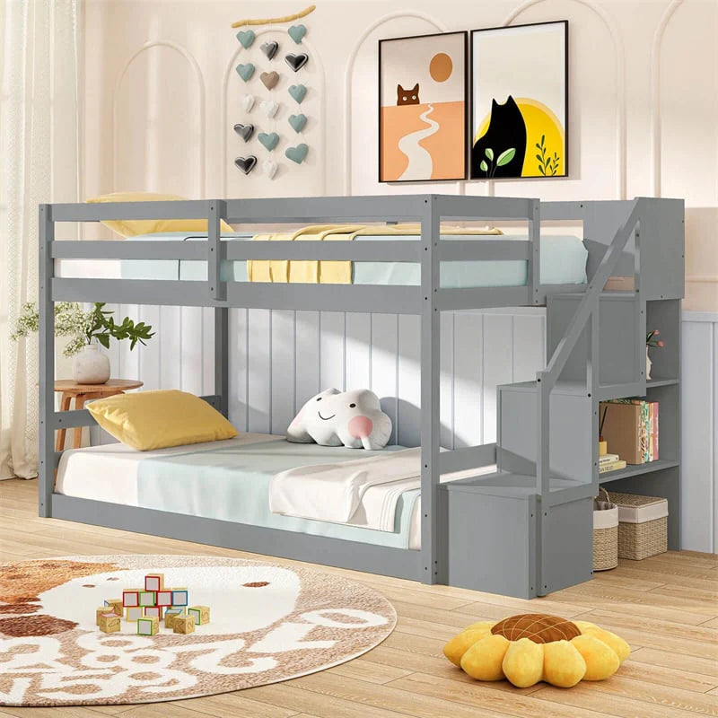 Twin Over Twin Bunk Bed with Storage Stairs, Solid Wood Floor Bunk Bed with Full-Length Guardrails - Product image 19