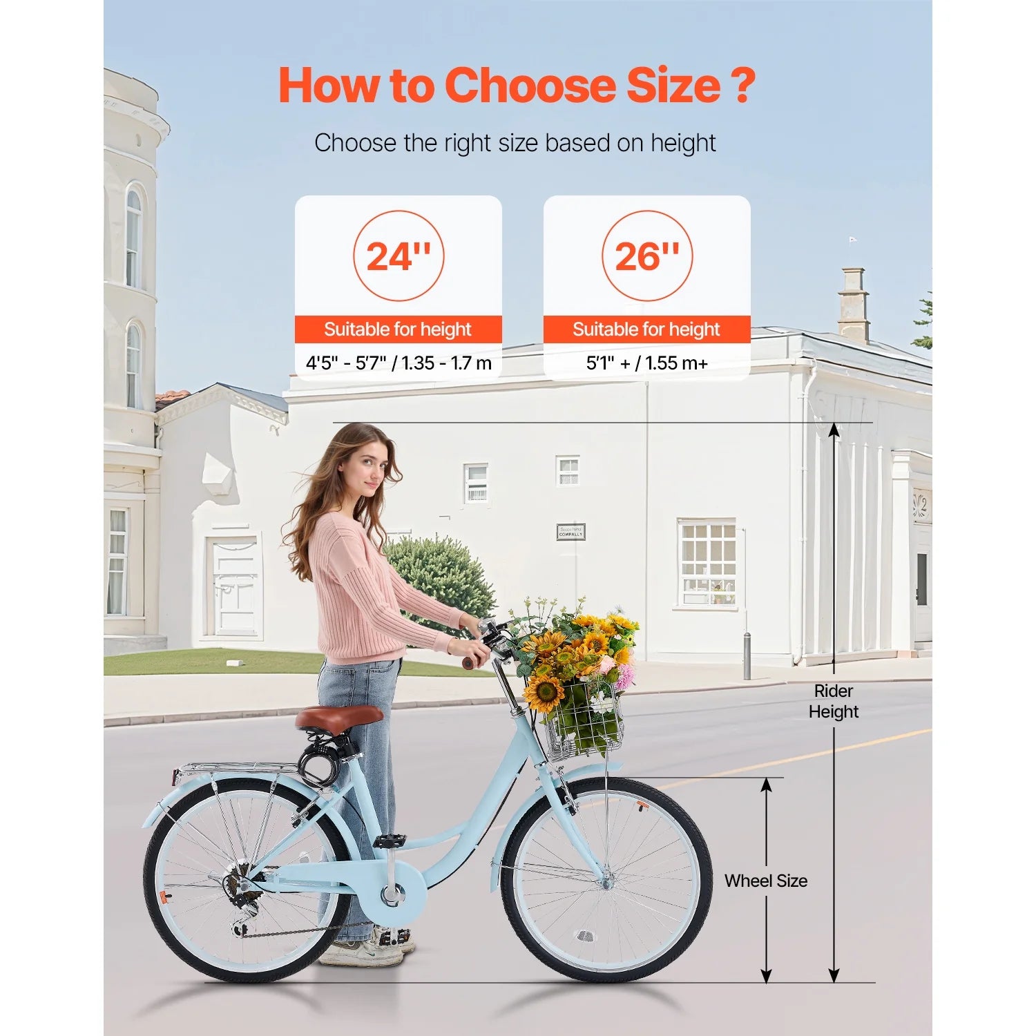 KFFKFF 24" Cruiser Bike, 7 - Speed, Sky Blue Coastal Cycle with Spacious Basket and Back Stand, Reliable & Robust Leisure Bicycle with Modifiable Saddle