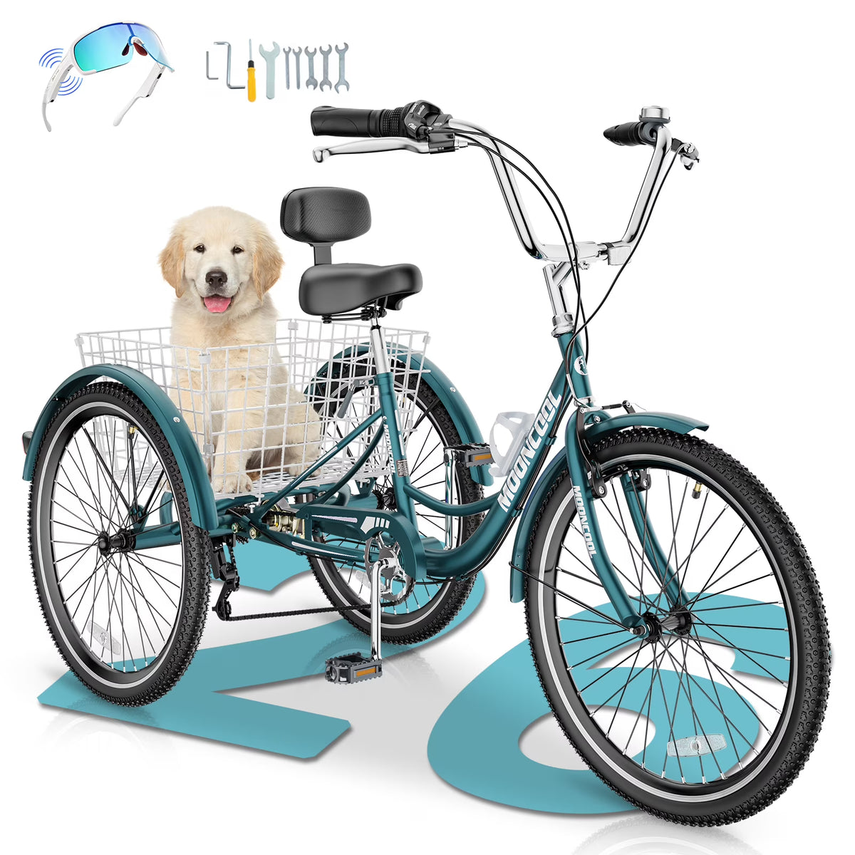 MOONCOOL Adult Tricycles with Rear Basket & Inflator, 24 26 in 7 Speed 3 Wheel Bikes, Three - Wheeled Bicycles Adult Trike with Backrest for Seniors, Women, Men