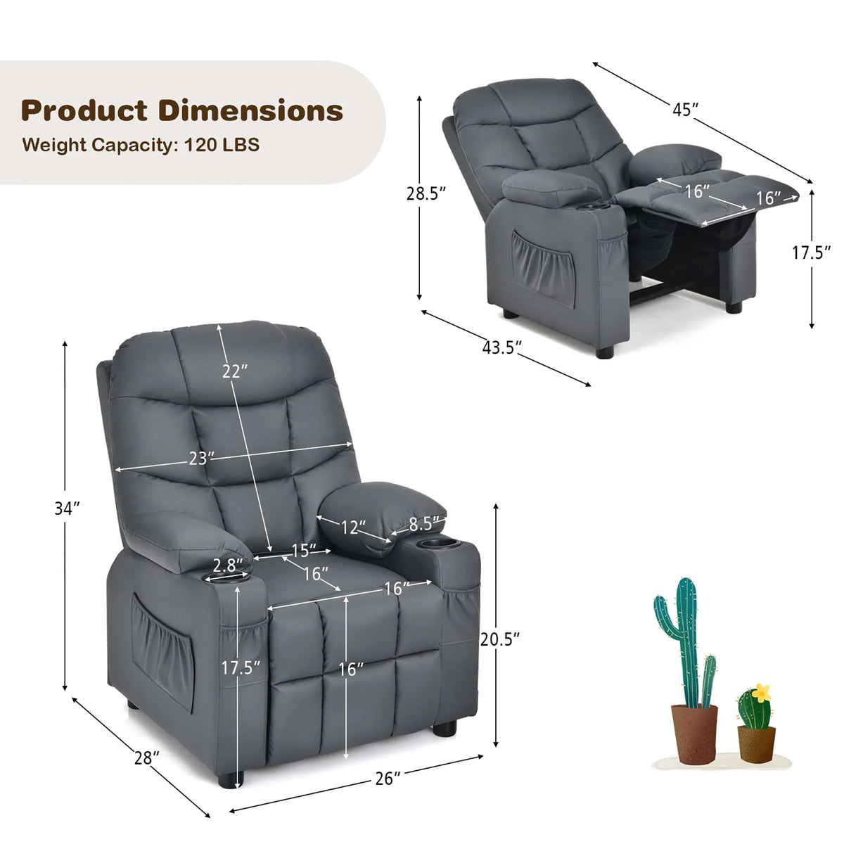 Costway Kids Youth Recliner Chair PU Leather W/Cup Holders & Side Pockets Grey - Product image 14