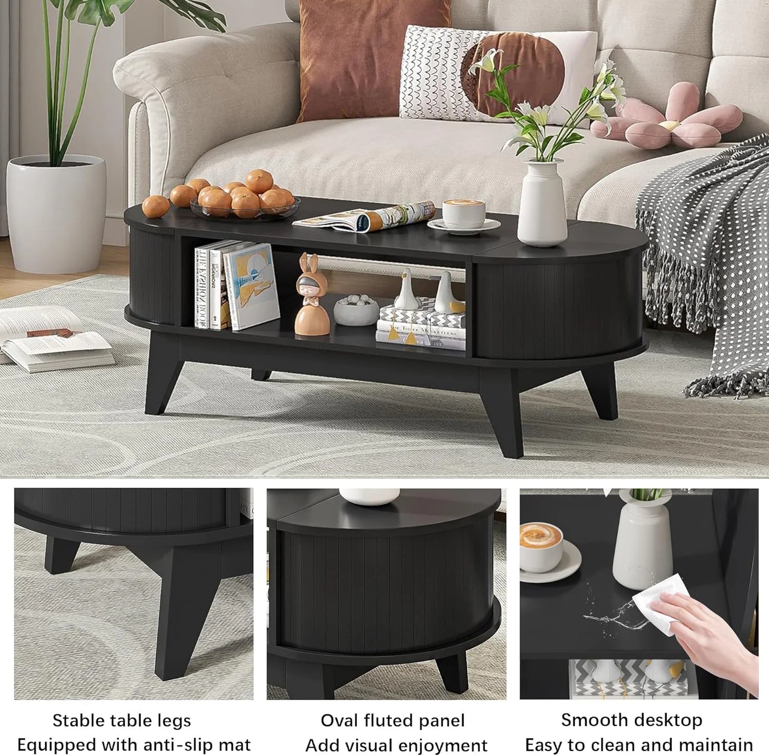 Fluted Coffee Table with Storage, Modern Coffee Tables, Wood Accent Center Table - Product image 10
