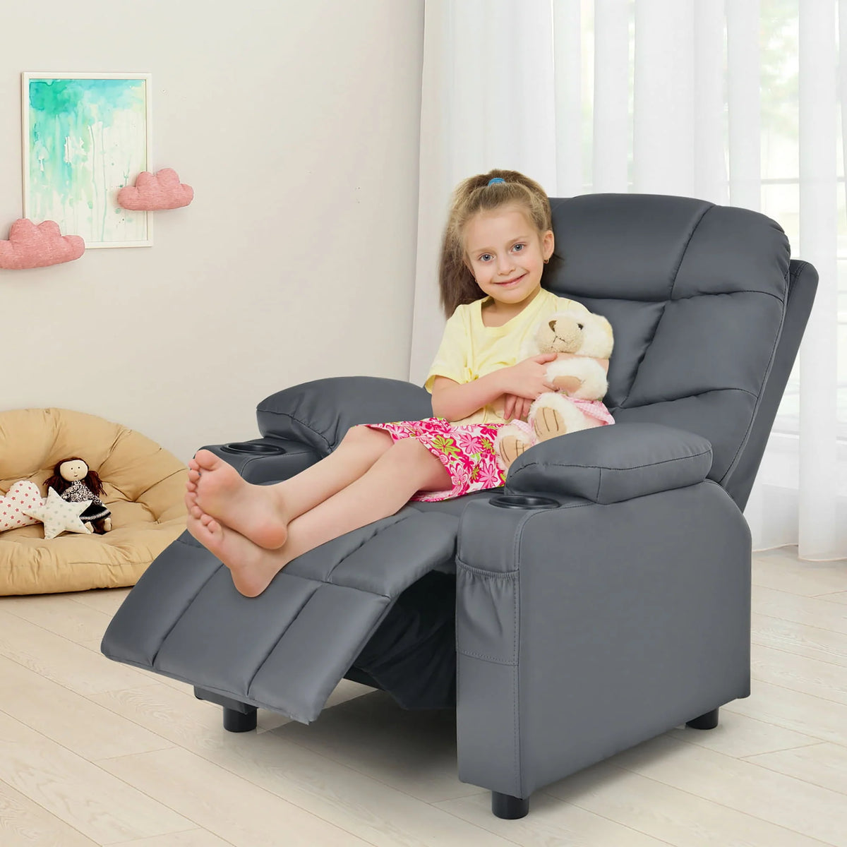 Costway Kids Youth Recliner Chair PU Leather W/Cup Holders & Side Pockets Grey - Product image 7