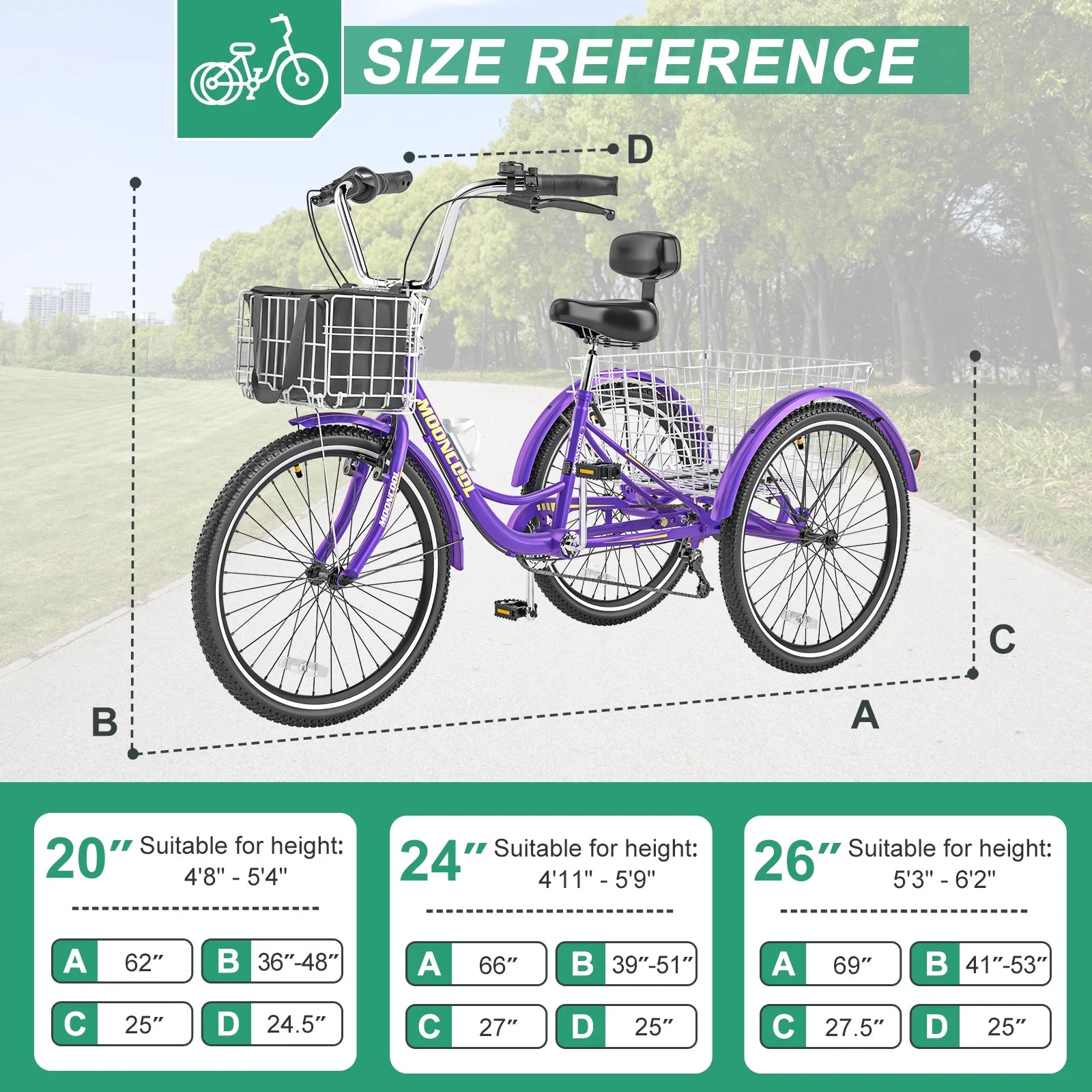 MOONCOOL Adult Tricycles with Rear Basket & Inflator, 24 26 in 7 Speed 3 Wheel Bikes, Three - Wheeled Bicycles Adult Trike with Backrest for Seniors, Women, Men