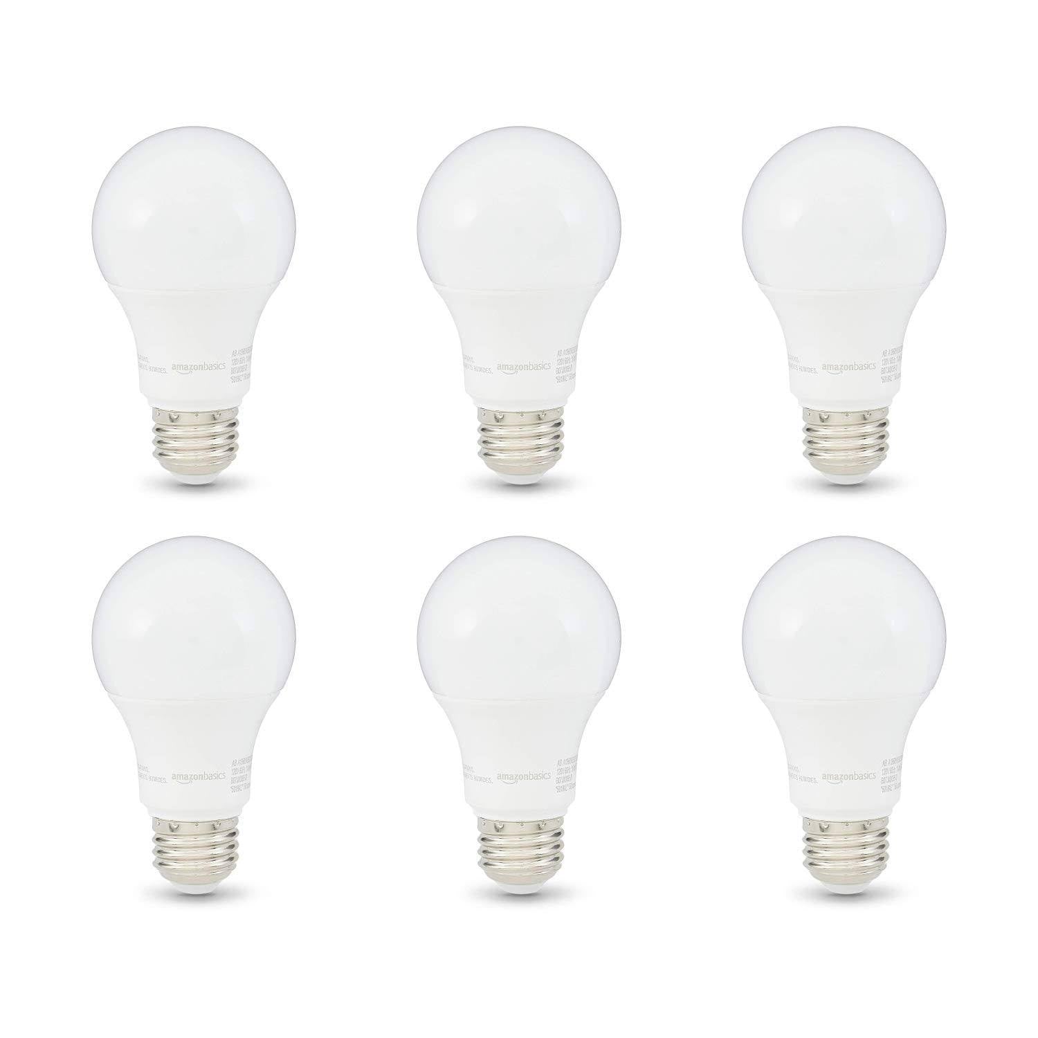 Amazon Basics 60W Equivalent, Soft White, Dimmable, 10, 000 Hour Lifetime, A19 LED Light Bulb - 6-Pack - Product image 1