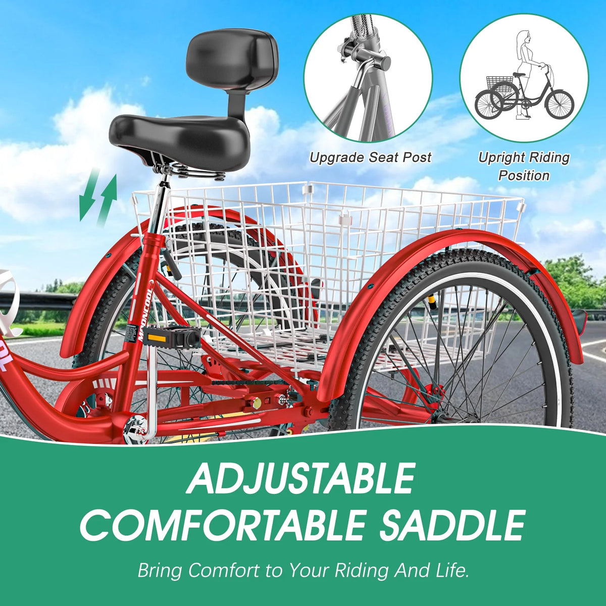 MOONCOOL Adult Tricycles with Rear Basket & Inflator, 24 26 in 7 Speed 3 Wheel Bikes, Three - Wheeled Bicycles Adult Trike with Backrest for Seniors, Women, Men