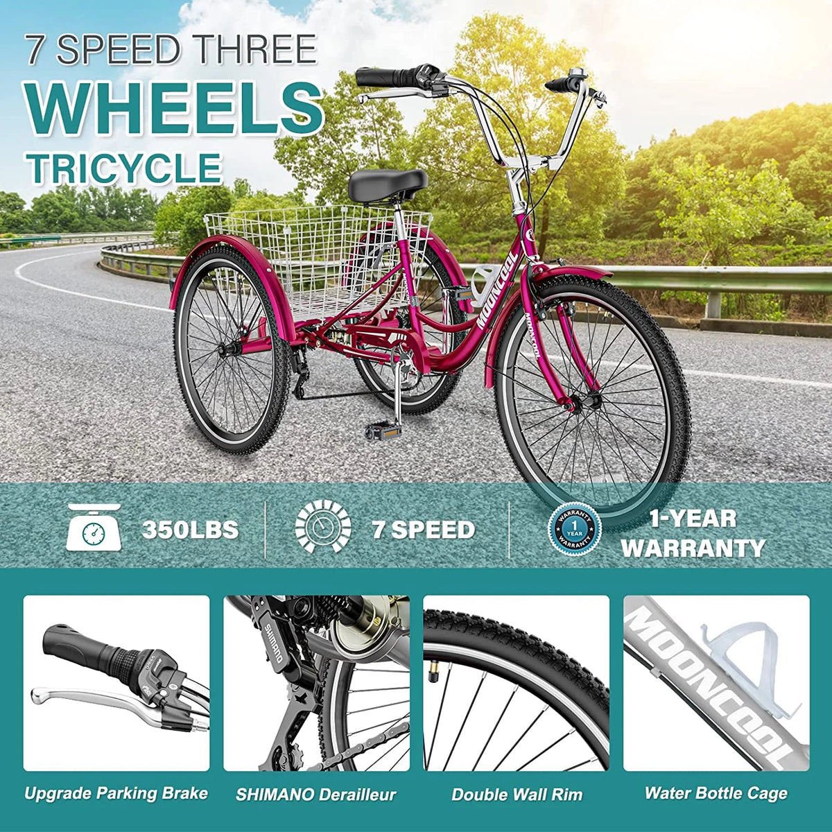 MOONCOOL Adult Tricycles with Rear Basket & Inflator, 24 26 in 7 Speed 3 Wheel Bikes, Three - Wheeled Bicycles Adult Trike with Backrest for Seniors, Women, Men