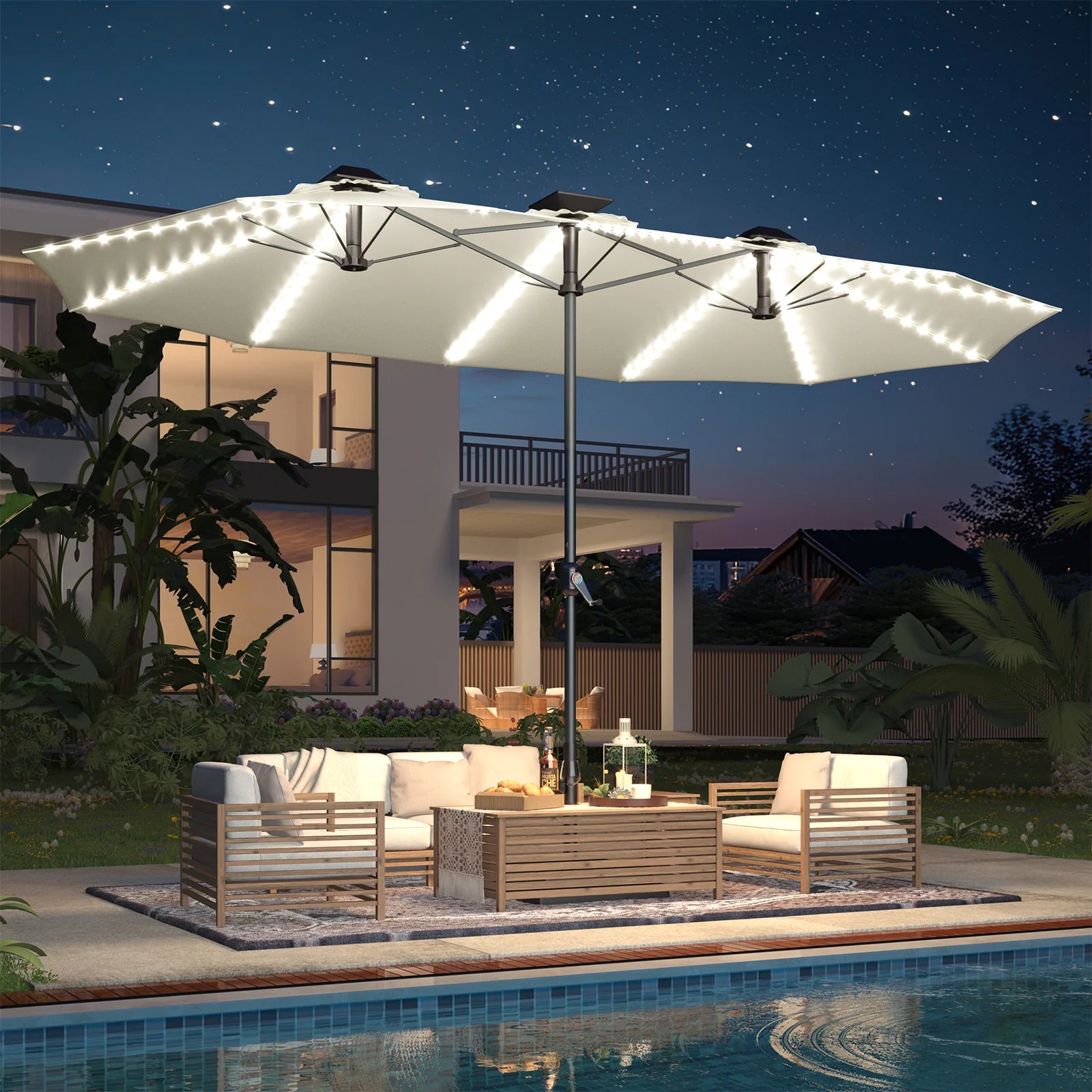 AECOJOY 15ft Patio Double-Sided Umbrella, 156 PCS Solar LED Light Outdoor Large Umbrella, Ivory - Product image 7
