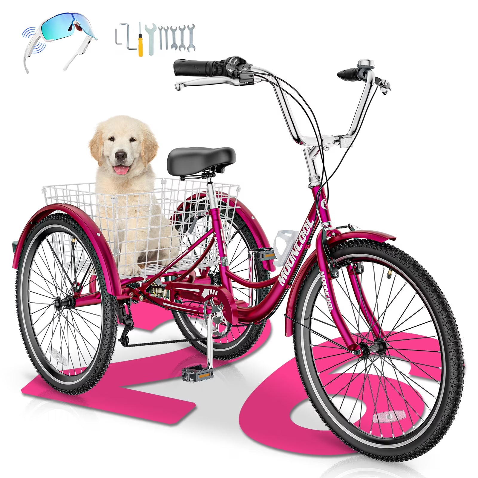 MOONCOOL Adult Tricycles with Rear Basket & Inflator, 24 26 in 7 Speed 3 Wheel Bikes, Three - Wheeled Bicycles Adult Trike with Backrest for Seniors, Women, Men