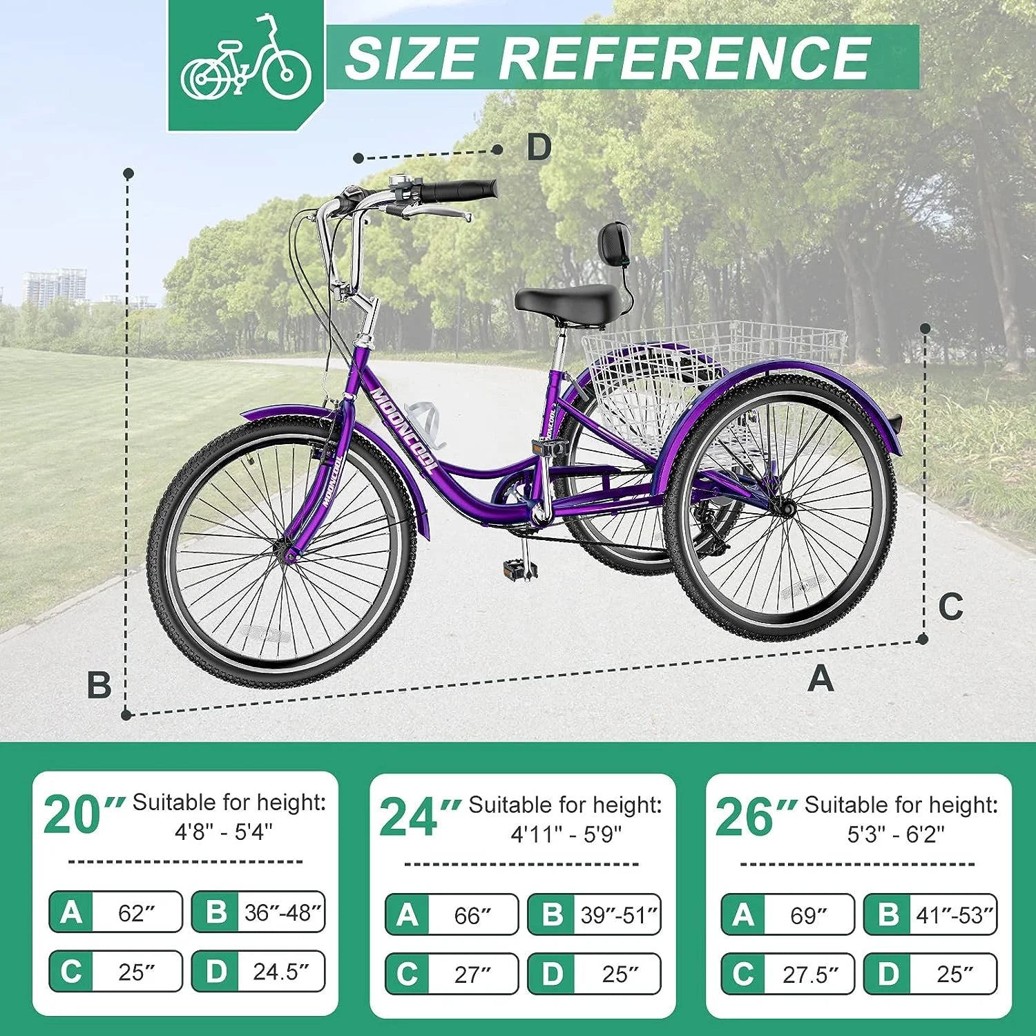 MOONCOOL Adult Tricycles with Rear Basket & Inflator, 24 26 in 7 Speed 3 Wheel Bikes, Three - Wheeled Bicycles Adult Trike with Backrest for Seniors, Women, Men