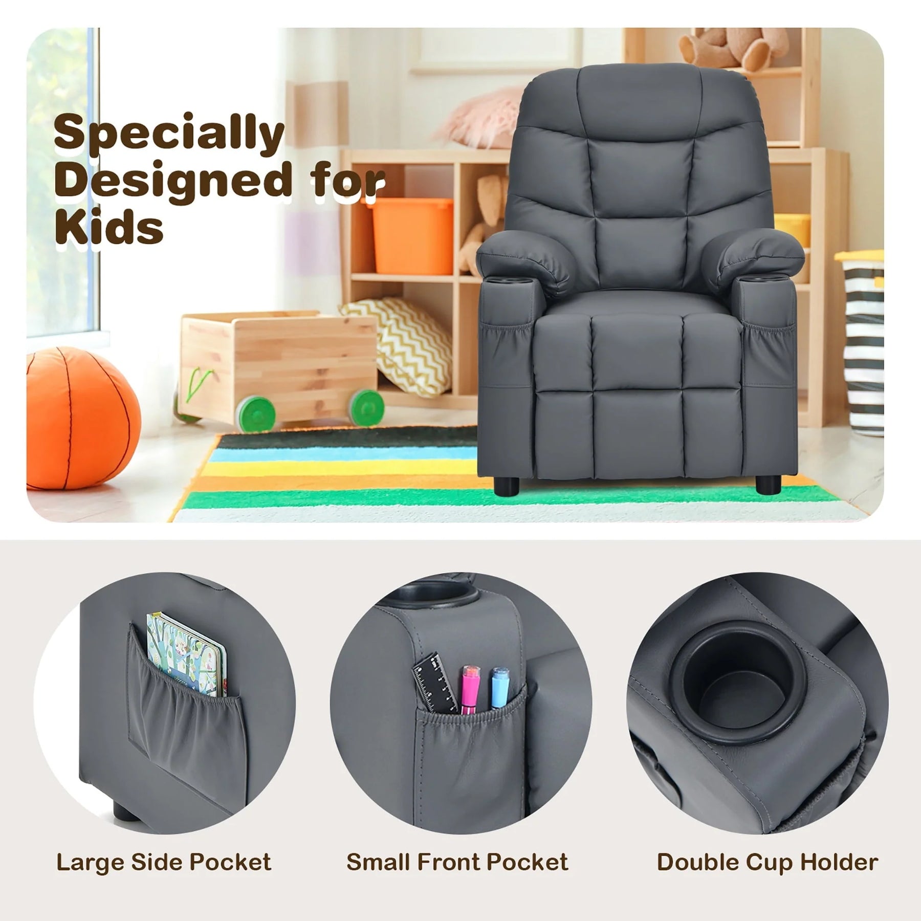 Costway Kids Youth Recliner Chair PU Leather W/Cup Holders & Side Pockets Grey - Product image 10