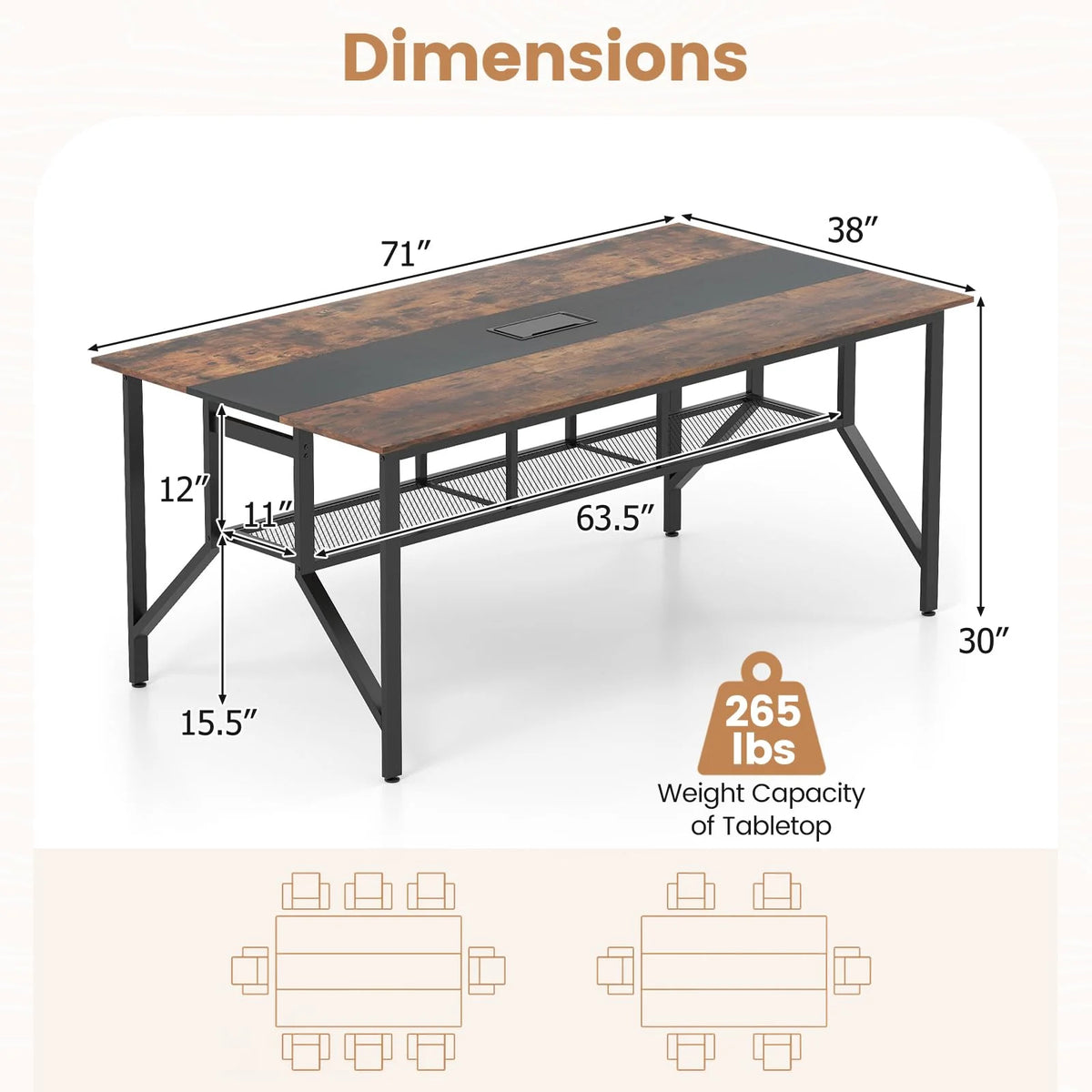 Tangkula Rectangular Meeting Table with Mesh Storage Shelf & Cable Grommet for 6-8 People - Product image 3