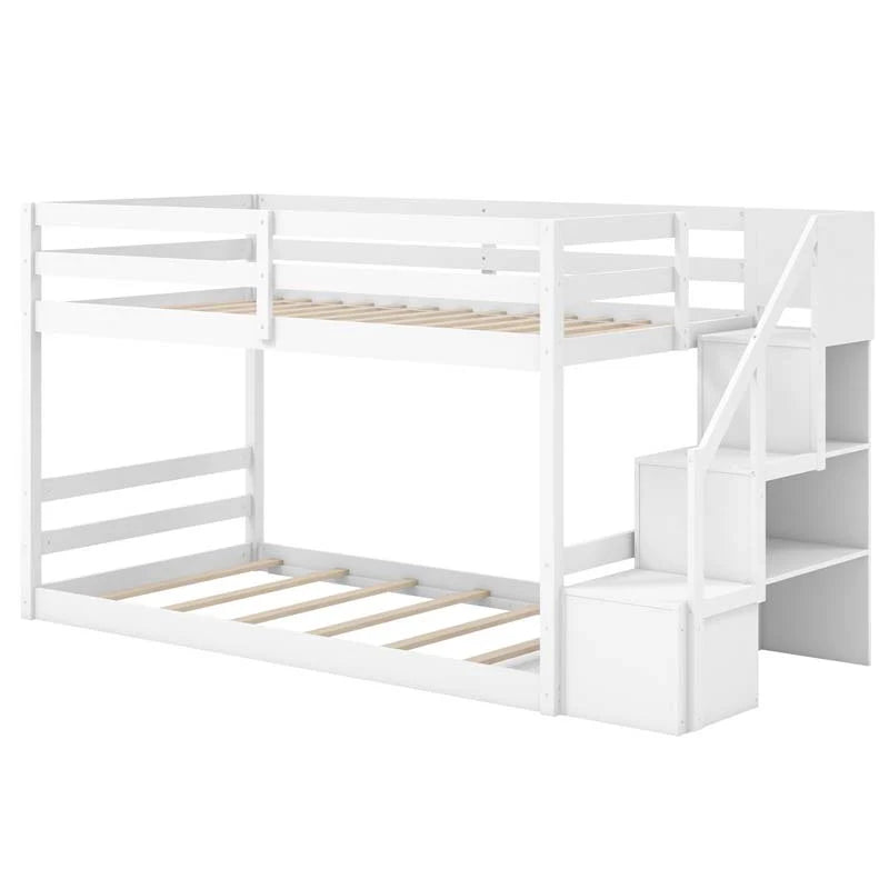 Twin Over Twin Bunk Bed with Storage Stairs, Solid Wood Floor Bunk Bed with Full-Length Guardrails - Product image 2