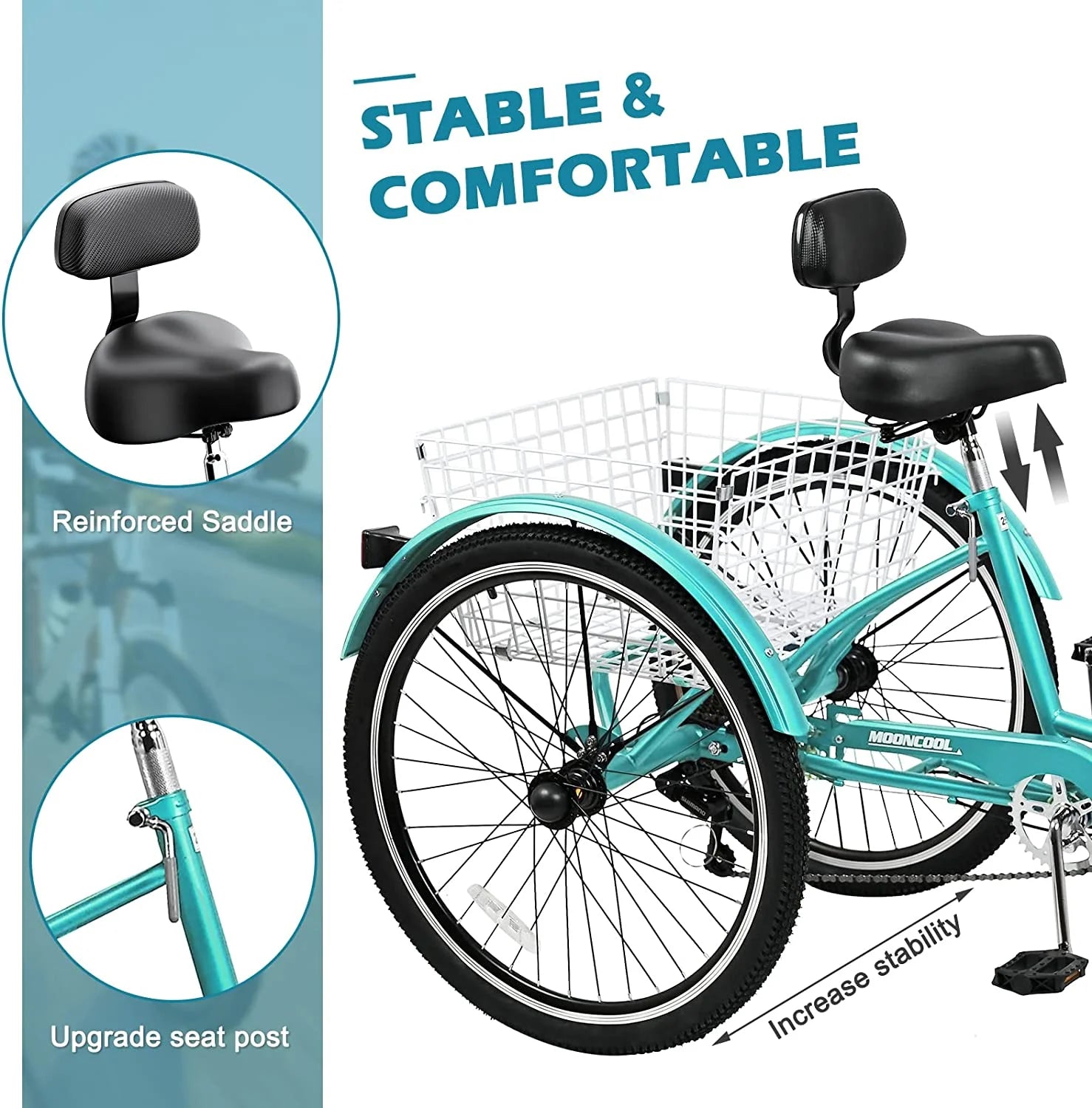 MOONCOOL Adult Tricycles with Rear Basket & Inflator, 24 26 in 7 Speed 3 Wheel Bikes, Three - Wheeled Bicycles Adult Trike with Backrest for Seniors, Women, Men