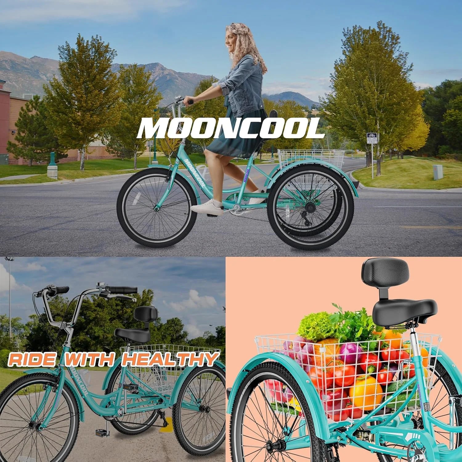 MOONCOOL Adult Tricycles with Rear Basket & Inflator, 24 26 in 7 Speed 3 Wheel Bikes, Three - Wheeled Bicycles Adult Trike with Backrest for Seniors, Women, Men