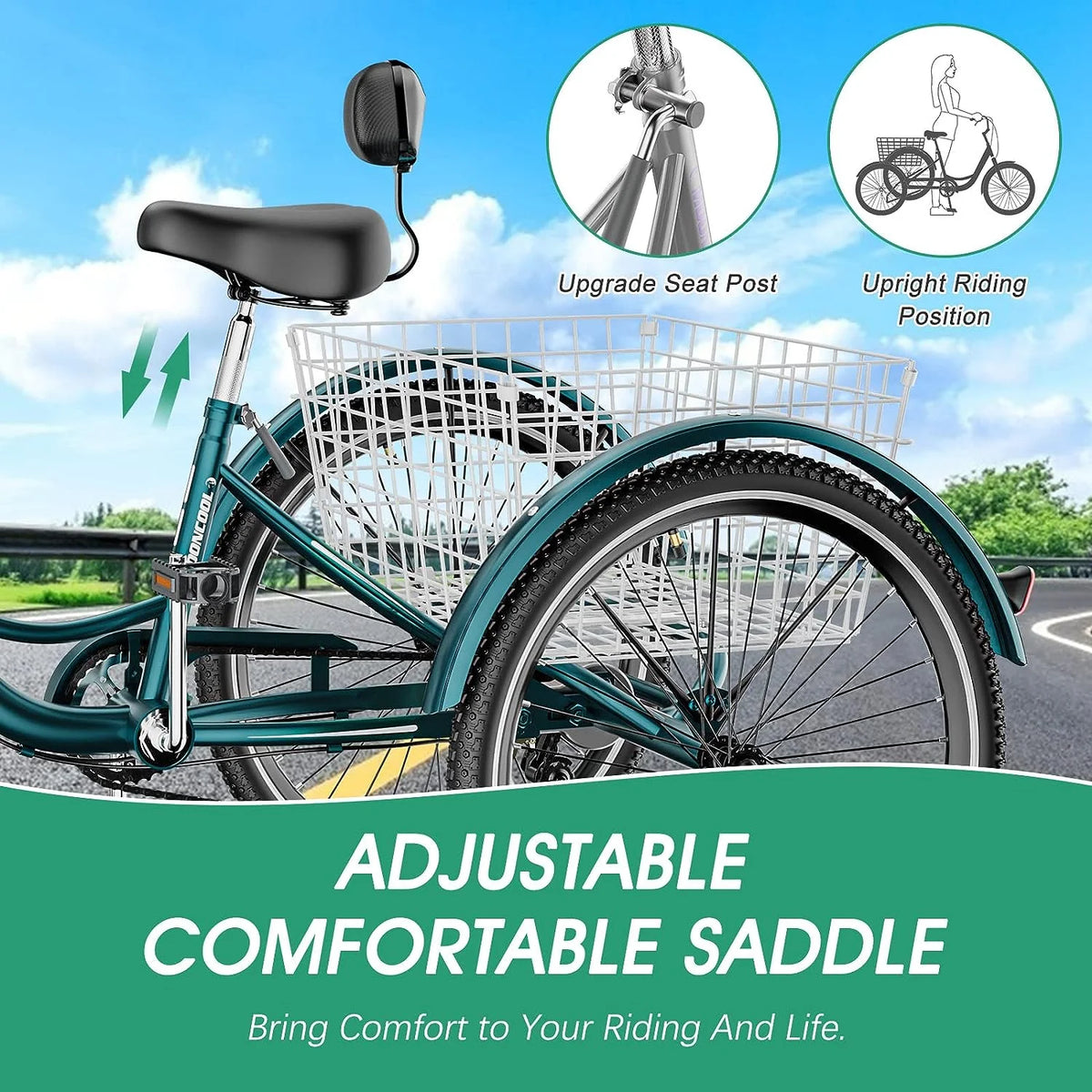 MOONCOOL Adult Tricycles with Rear Basket & Inflator, 24 26 in 7 Speed 3 Wheel Bikes, Three - Wheeled Bicycles Adult Trike with Backrest for Seniors, Women, Men
