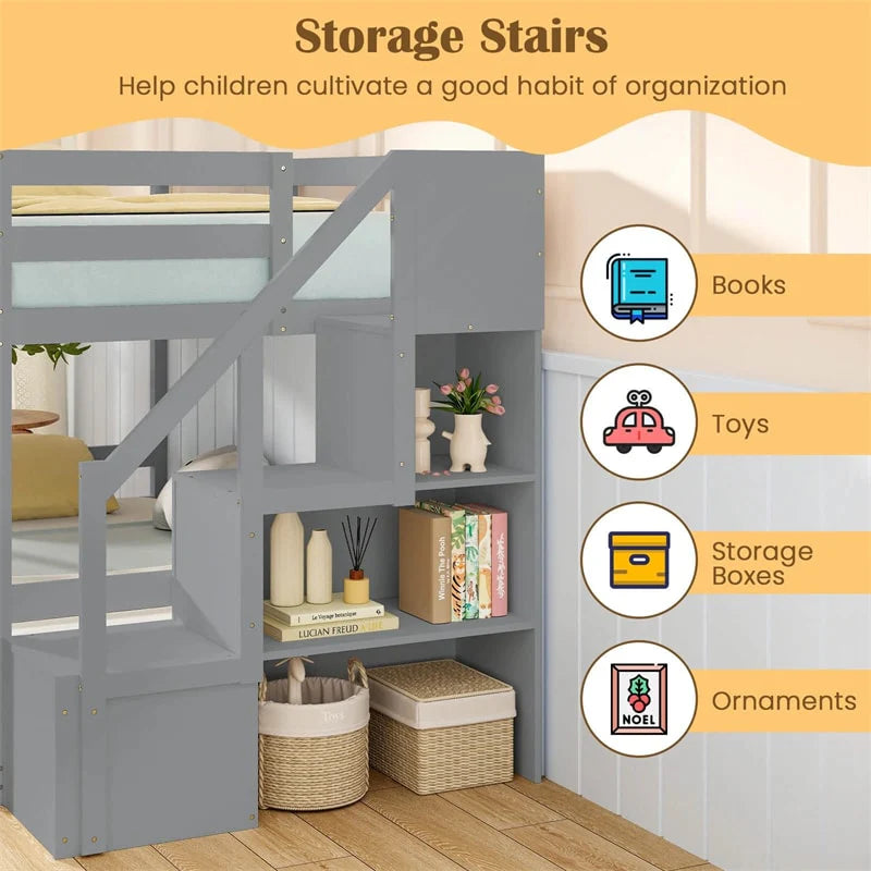 Twin Over Twin Bunk Bed with Storage Stairs, Solid Wood Floor Bunk Bed with Full-Length Guardrails - Product image 16
