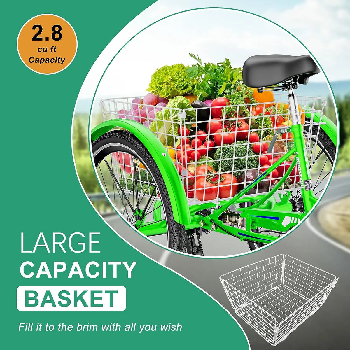 MOONCOOL Adult Tricycles with Rear Basket & Inflator, 24 26 in 7 Speed 3 Wheel Bikes, Three - Wheeled Bicycles Adult Trike with Backrest for Seniors, Women, Men