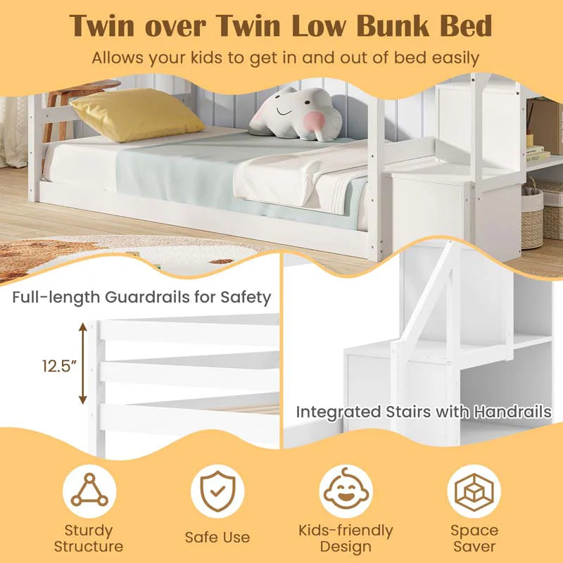 Twin Over Twin Bunk Bed with Storage Stairs, Solid Wood Floor Bunk Bed with Full-Length Guardrails - Product image 8