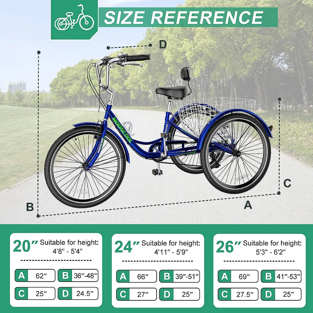 MOONCOOL Adult Tricycles with Rear Basket & Inflator, 24 26 in 7 Speed 3 Wheel Bikes, Three - Wheeled Bicycles Adult Trike with Backrest for Seniors, Women, Men