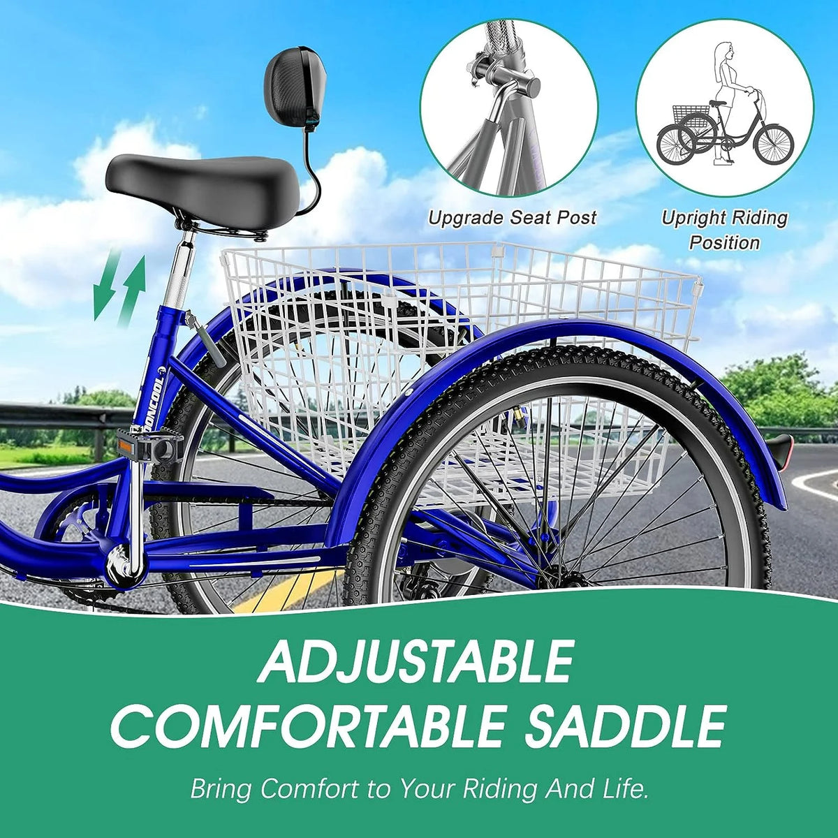 MOONCOOL Adult Tricycles with Rear Basket & Inflator, 24 26 in 7 Speed 3 Wheel Bikes, Three - Wheeled Bicycles Adult Trike with Backrest for Seniors, Women, Men