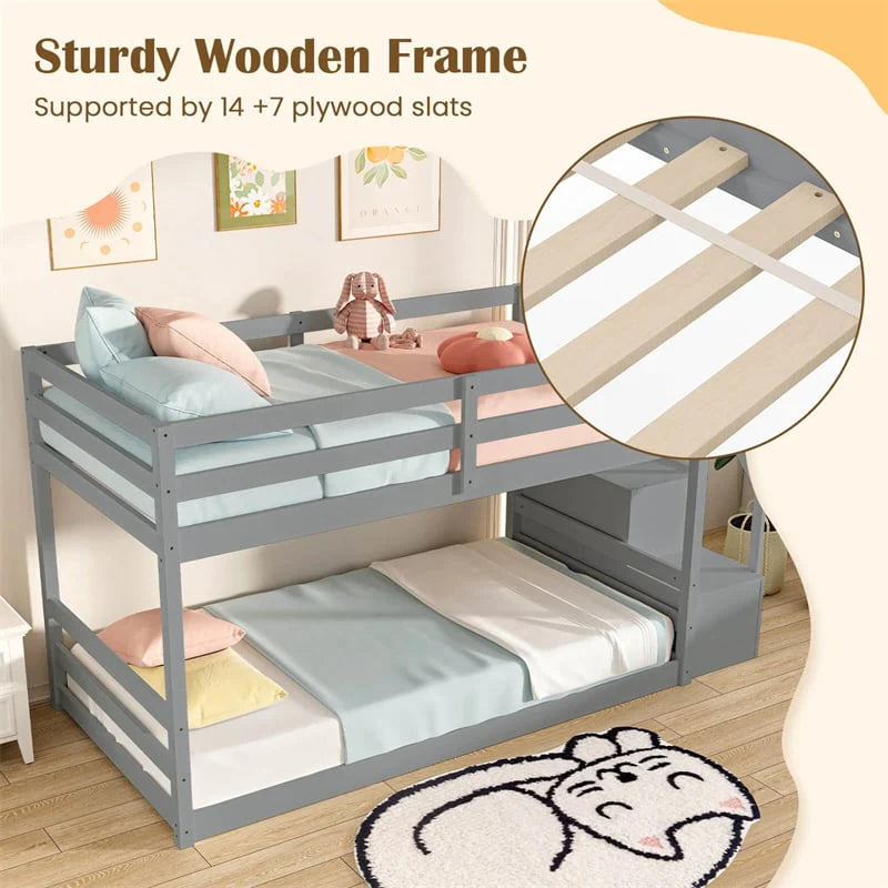 Twin Over Twin Bunk Bed with Storage Stairs, Solid Wood Floor Bunk Bed with Full-Length Guardrails - Product image 17