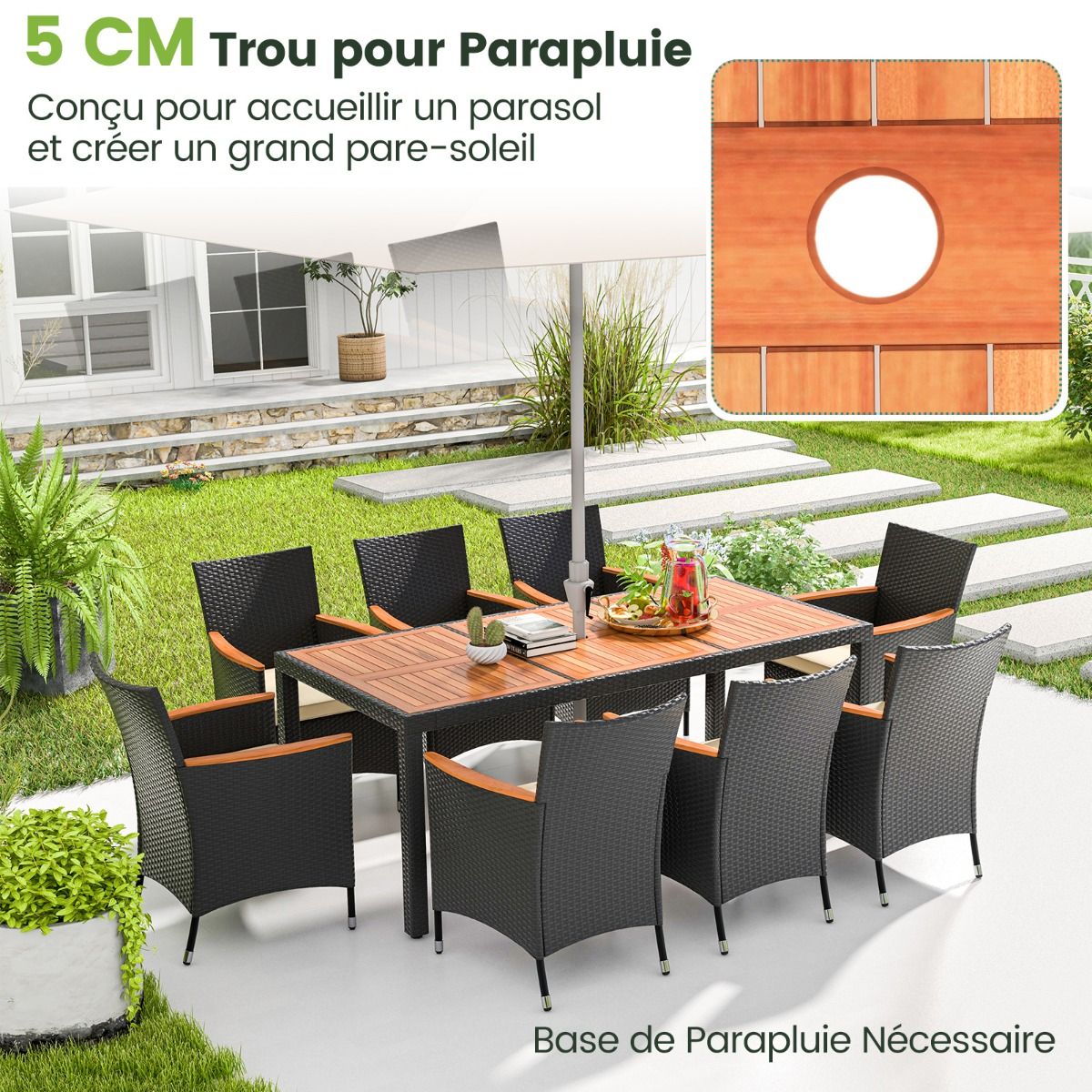 Rattan Garden Furniture Set 9 Pieces Acacia Table Top Dining Room Set with Removable Cushions Hole Load 180KG Beige+Black -