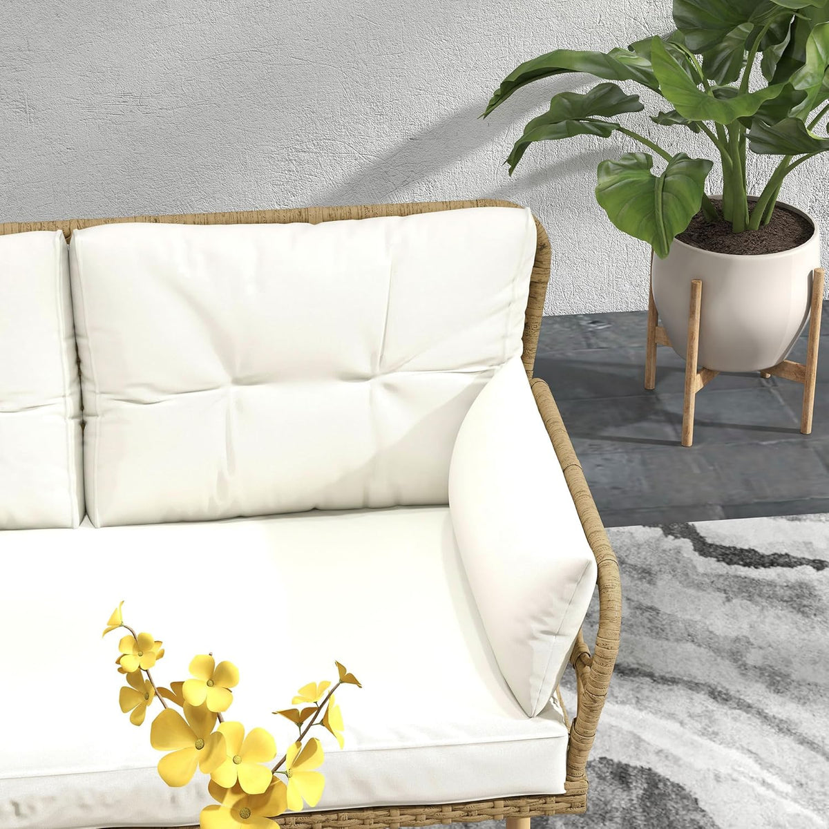 Outsunny Outdoor Garden Furniture Set for 4 People 3 Pieces with 1 Coffee Table Great Comfort Cushions Included Cream Woven Resin