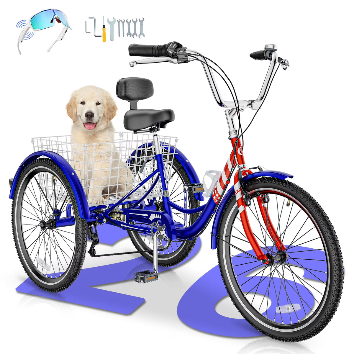 MOONCOOL Adult Tricycles with Rear Basket & Inflator, 24 26 in 7 Speed 3 Wheel Bikes, Three - Wheeled Bicycles Adult Trike with Backrest for Seniors, Women, Men
