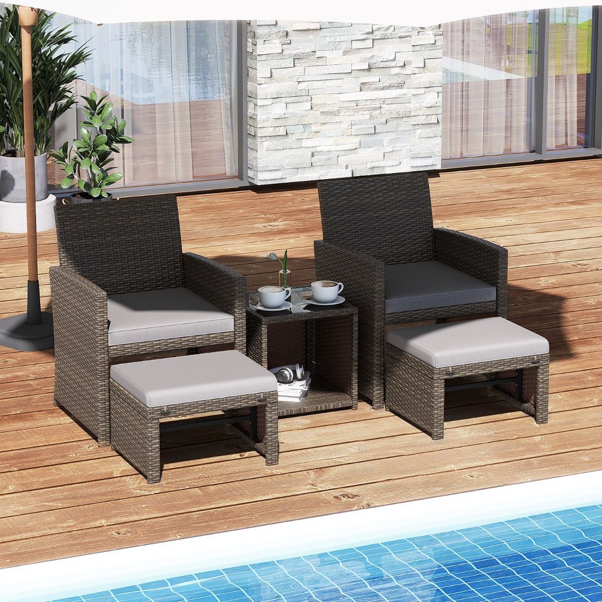 Living Room Furniture Set 5PCS PE Rattan Garden Furniture Set with Cushion for Balcony Swimming Pool Terrace Grey/White -