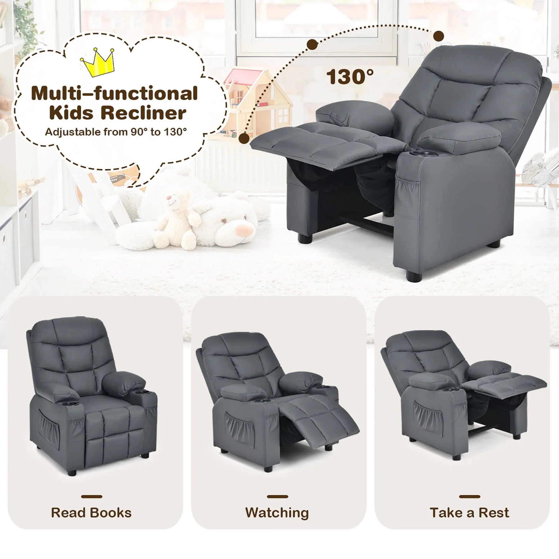 Costway Kids Youth Recliner Chair PU Leather W/Cup Holders & Side Pockets Grey - Product image 9
