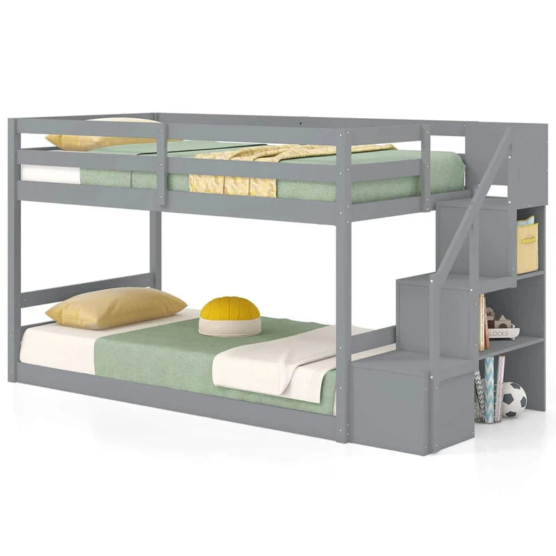 Twin Over Twin Bunk Bed with Storage Stairs, Solid Wood Floor Bunk Bed with Full-Length Guardrails - Product image 10