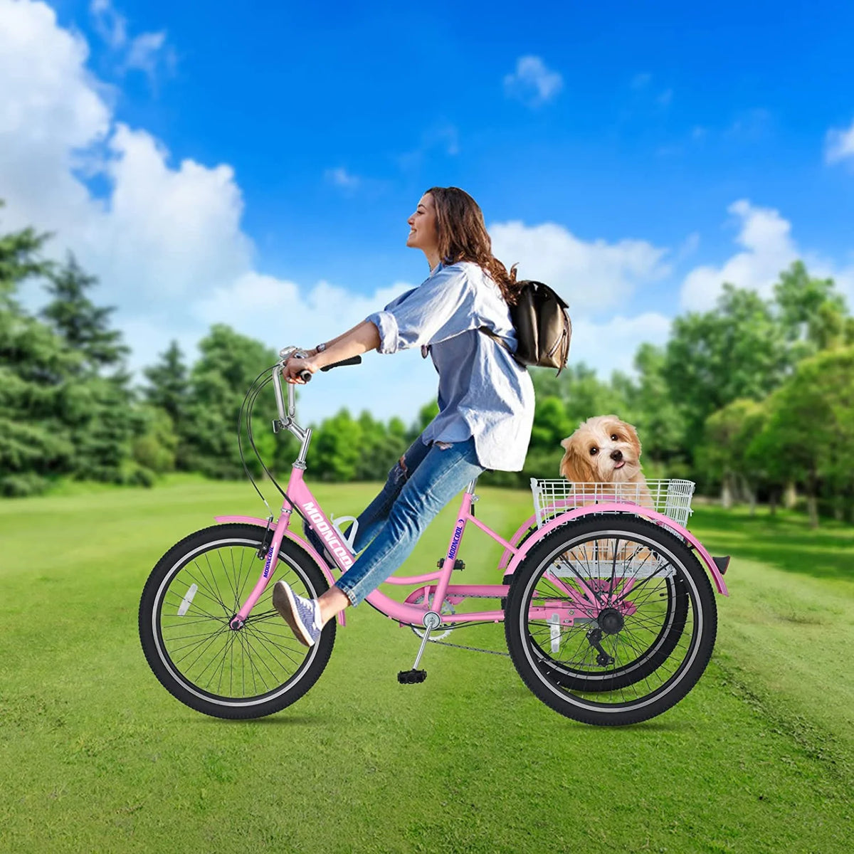 MOONCOOL Adult Tricycles with Rear Basket & Inflator, 24 26 in 7 Speed 3 Wheel Bikes, Three - Wheeled Bicycles Adult Trike with Backrest for Seniors, Women, Men