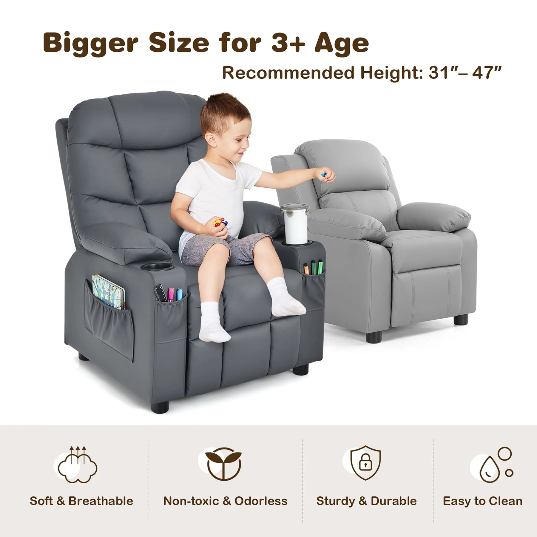 Costway Kids Youth Recliner Chair PU Leather W/Cup Holders & Side Pockets Grey - Product image 13