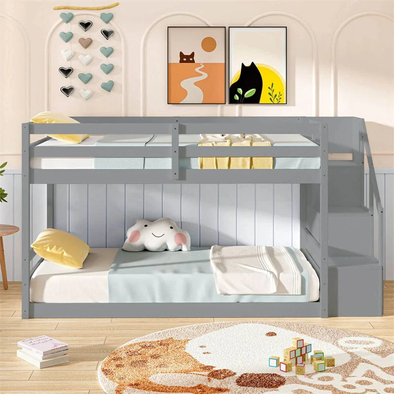 Twin Over Twin Bunk Bed with Storage Stairs, Solid Wood Floor Bunk Bed with Full-Length Guardrails - Product image 18
