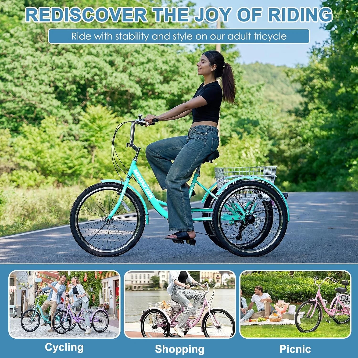 MOONCOOL Adult Tricycles with Rear Basket & Inflator, 24 26 in 7 Speed 3 Wheel Bikes, Three - Wheeled Bicycles Adult Trike with Backrest for Seniors, Women, Men