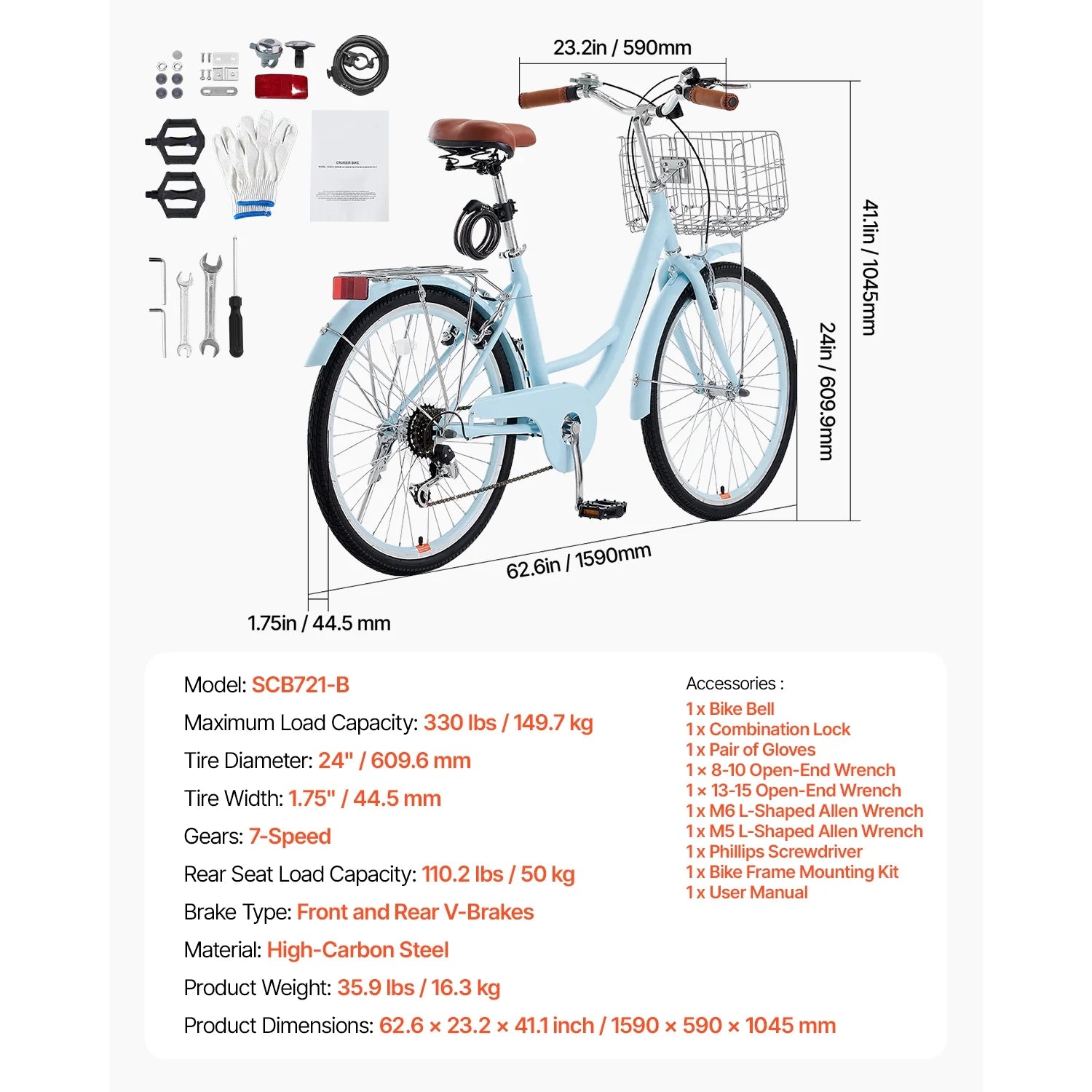 KFFKFF 24" Cruiser Bike, 7 - Speed, Sky Blue Coastal Cycle with Spacious Basket and Back Stand, Reliable & Robust Leisure Bicycle with Modifiable Saddle