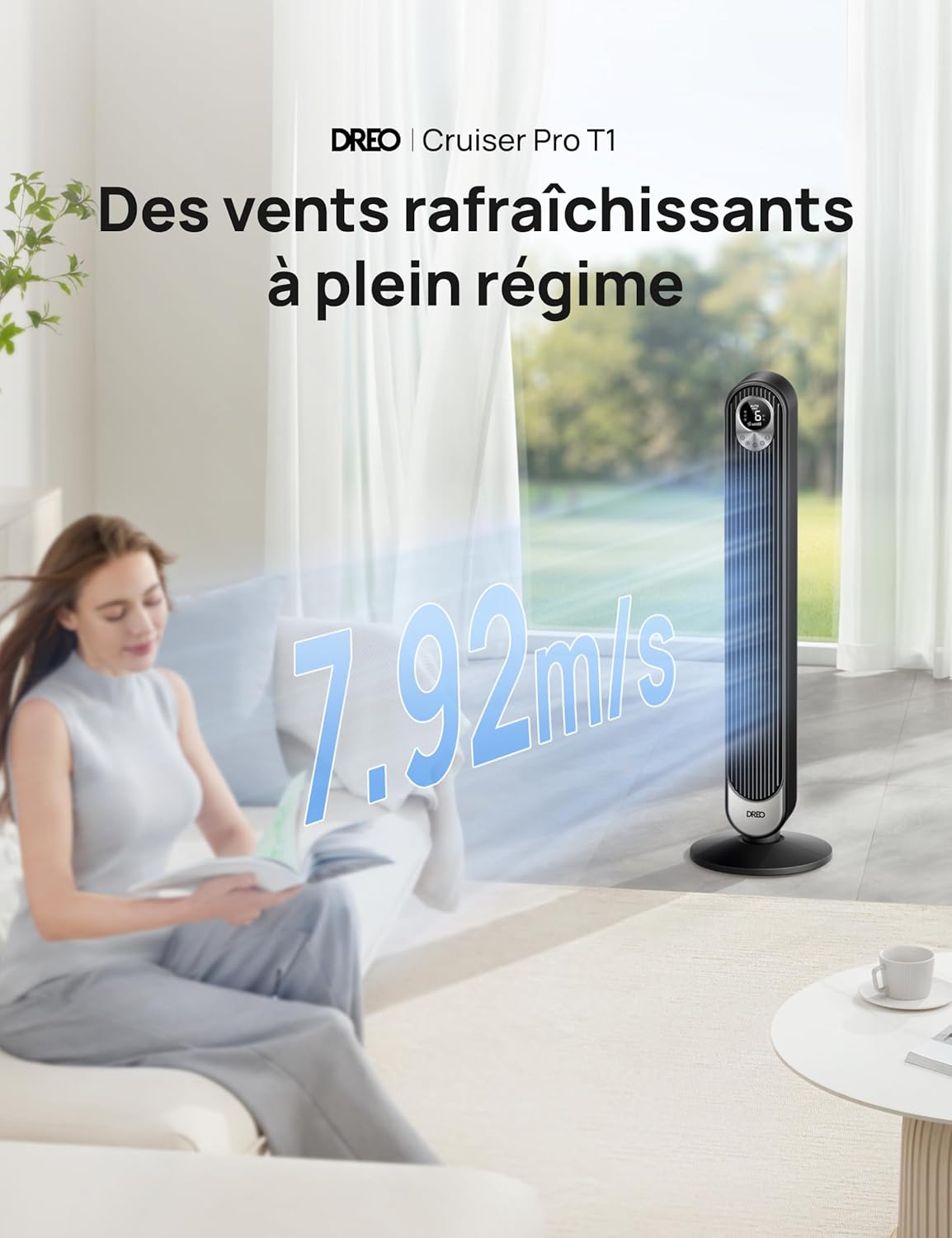 Dreo Quiet Tower Fan, Powerful Speed ​​7.92 m/s, 106cm Tower Fans with Remote Control, 6 Speeds, 4 Modes, 12H Timer, 90° Oscillating for Large Bedroom