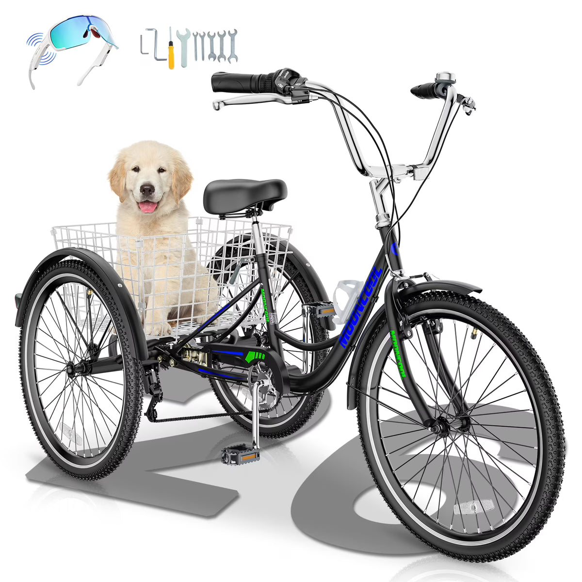MOONCOOL Adult Tricycles with Rear Basket & Inflator, 24 26 in 7 Speed 3 Wheel Bikes, Three - Wheeled Bicycles Adult Trike with Backrest for Seniors, Women, Men
