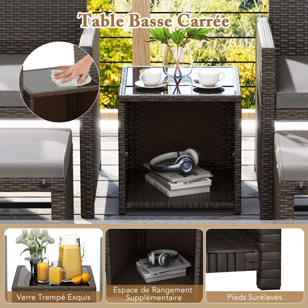Living Room Furniture Set 5PCS PE Rattan Garden Furniture Set with Cushion for Balcony Swimming Pool Terrace Grey/White -