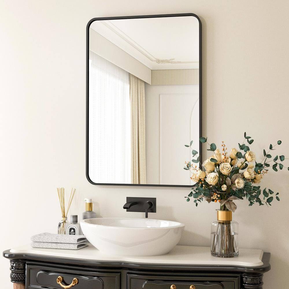 XRAMFY 24 in. W x 36 in. H Rectangular Aluminum Alloy Framed Rounded Black Wall Mirror - Product image 1