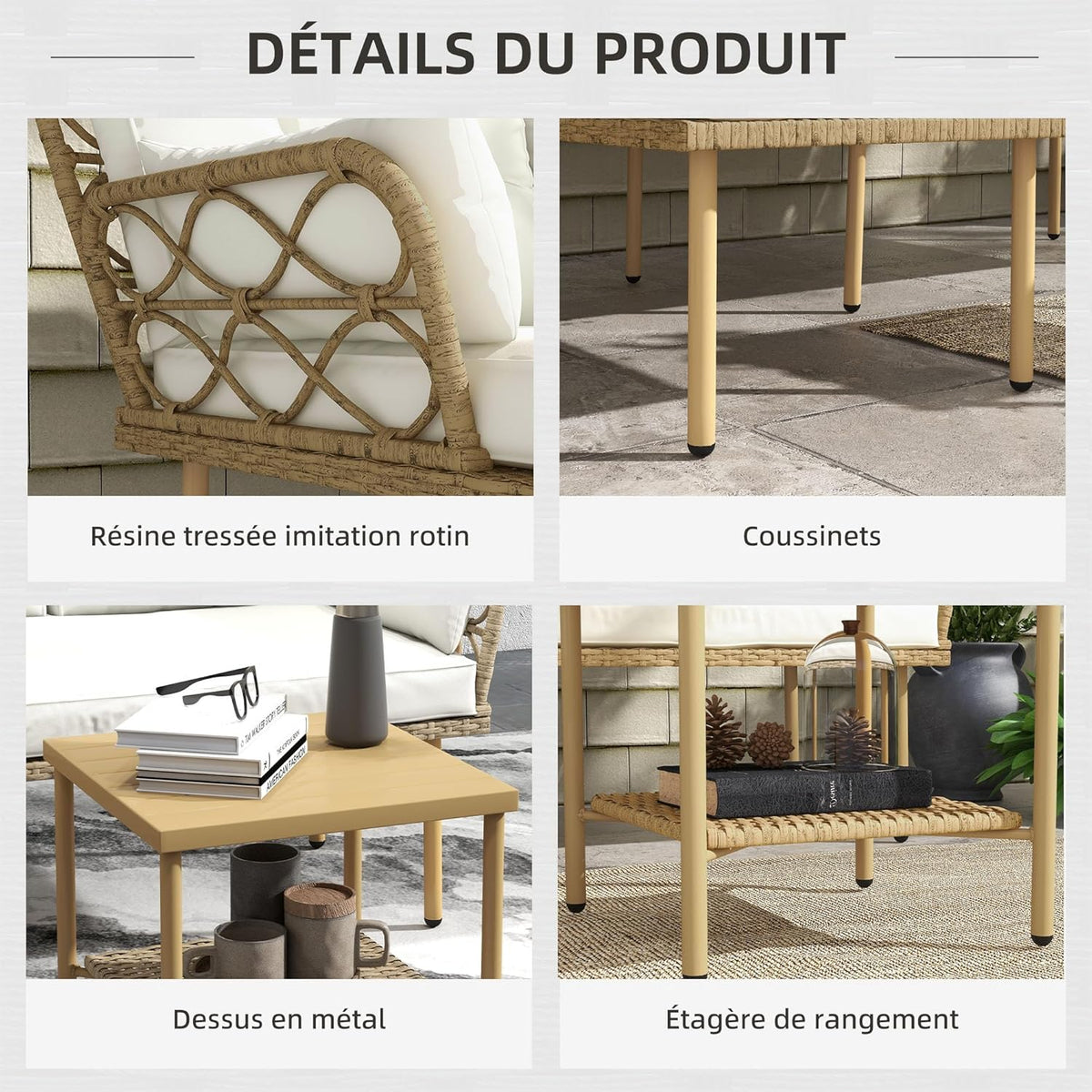 Outsunny Outdoor Garden Furniture Set for 4 People 3 Pieces with 1 Coffee Table Great Comfort Cushions Included Cream Woven Resin